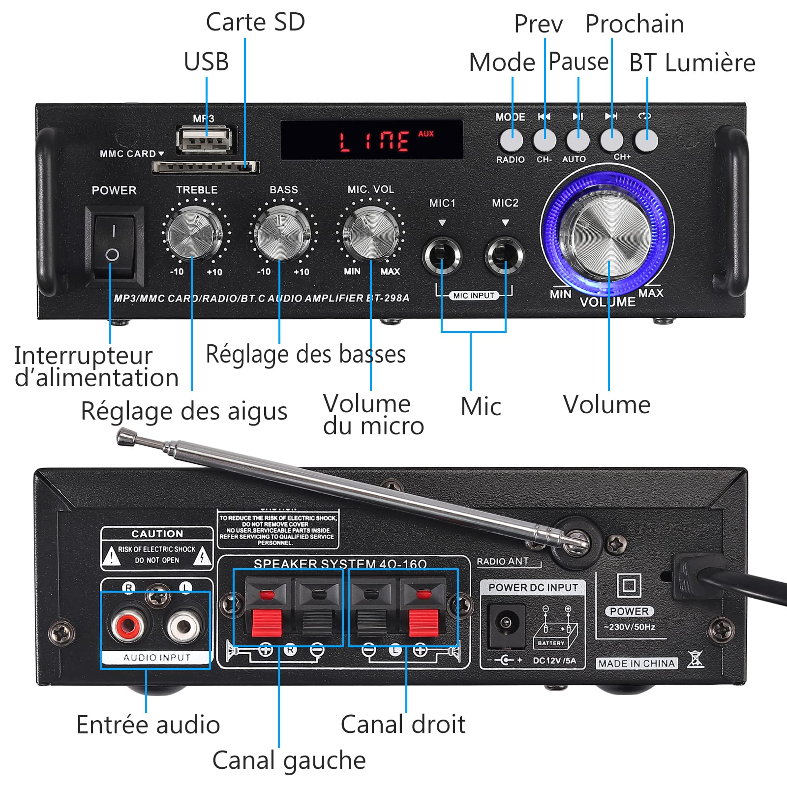 ESYNiC 300W + 300W Mini Amplificateur Audio Stéréo Bluetooth avec Télécommande Amplificateur Audio Numérique Portable HiFi pour Voiture Maison Hi-Fi Musique SD USB FM 12V / 220V