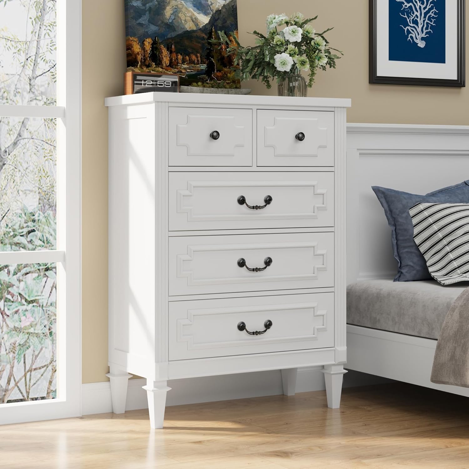 BLANKSPACE 5 Drawer Dresser for Bedroom, 44" Tall Dresser & Chest of Drawers wtih Vintage Surface, Closet Storage Cabinet for Living Room, Hallway, White - Image 6