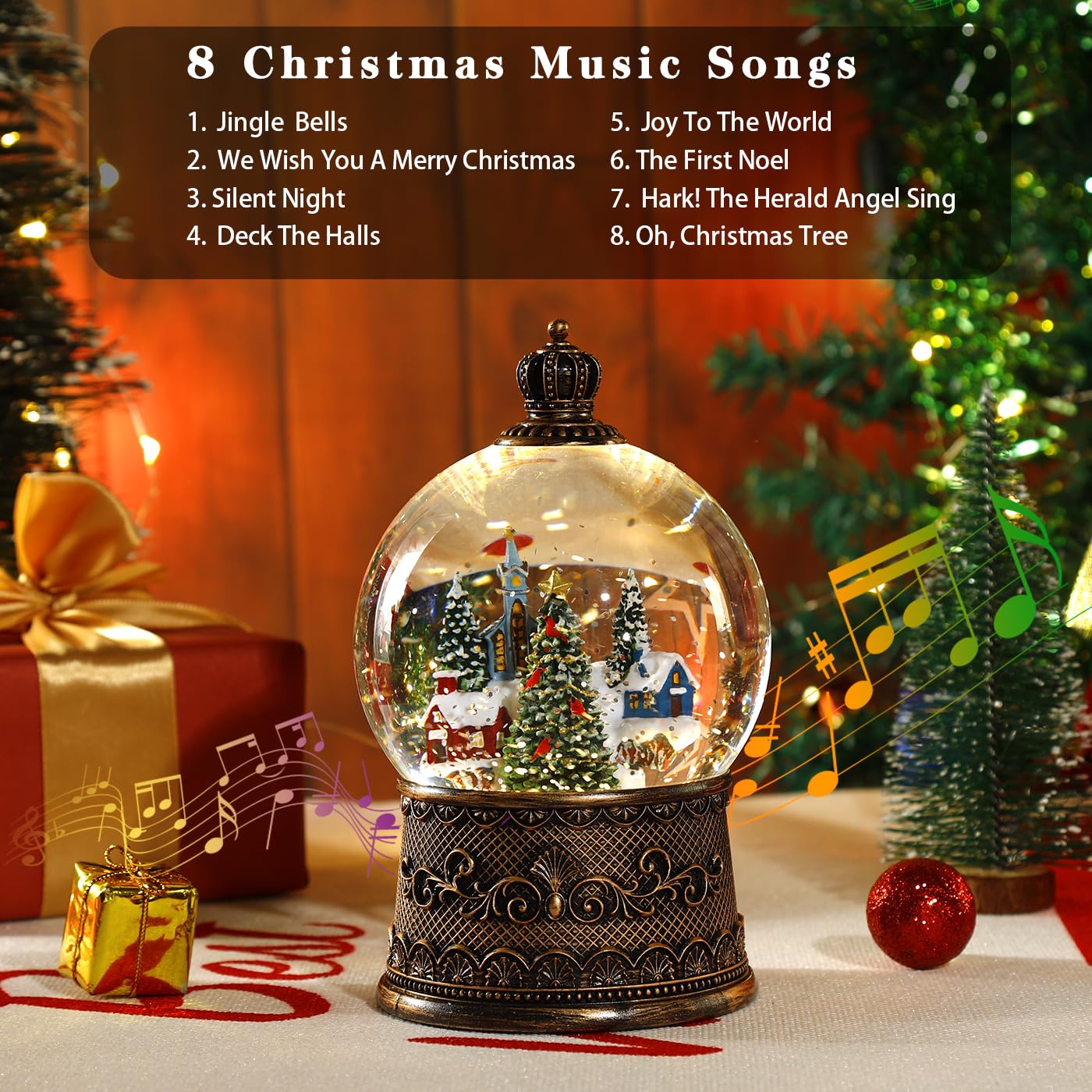 Boule à neige de Noël de 100 mm avec musique et fontaine Lanterne de Noël Décorations Village enneigé avec grand sapin de Noël Double mode d'alimentation : USB et piles