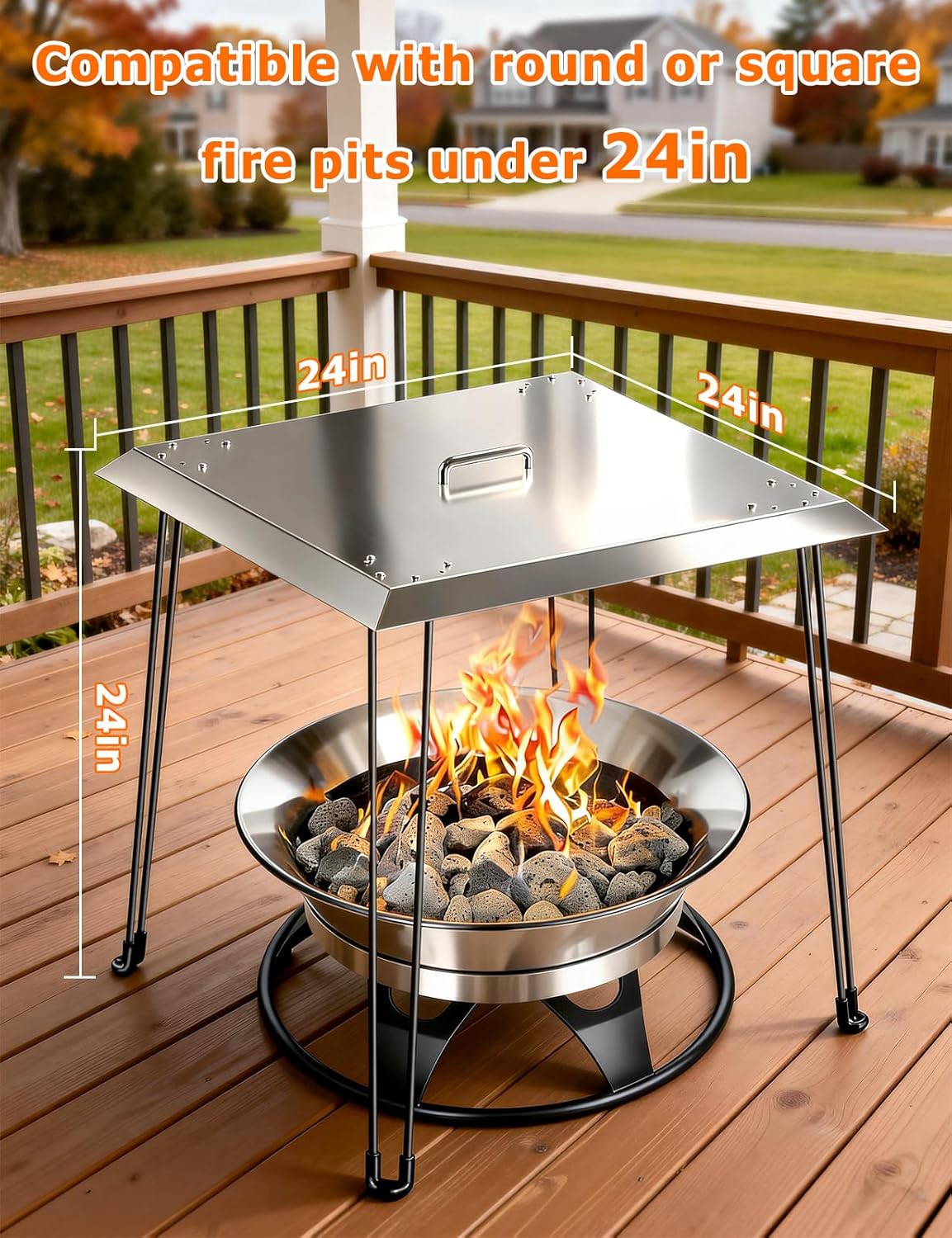 Fire Pit Heat Deflector 24 x 24 x 24 Inch, Stainless Steel Square Fire Pit Deflector Cover to Push Heat Down and Out, Heavy Duty Burner Lid with Foldable Legs