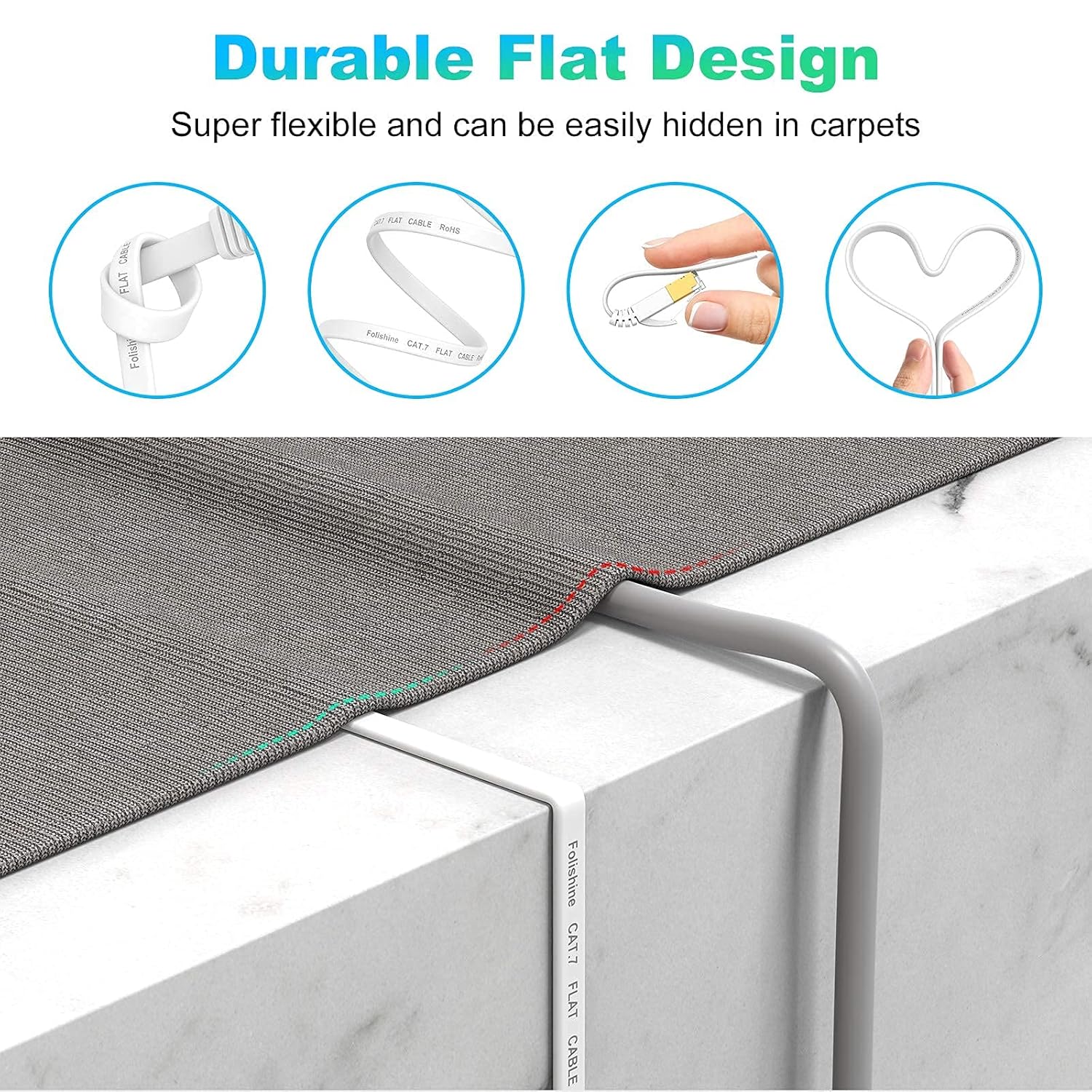 Folishine Cat 6e Ethernet Cable 10 ft, Flat Network Cable with Snagless Rj45 Connector for Ethernet Splitter, PS4, Xbox, High Soft LAN Cable More Flexible Than Cat5e/Cat5-White