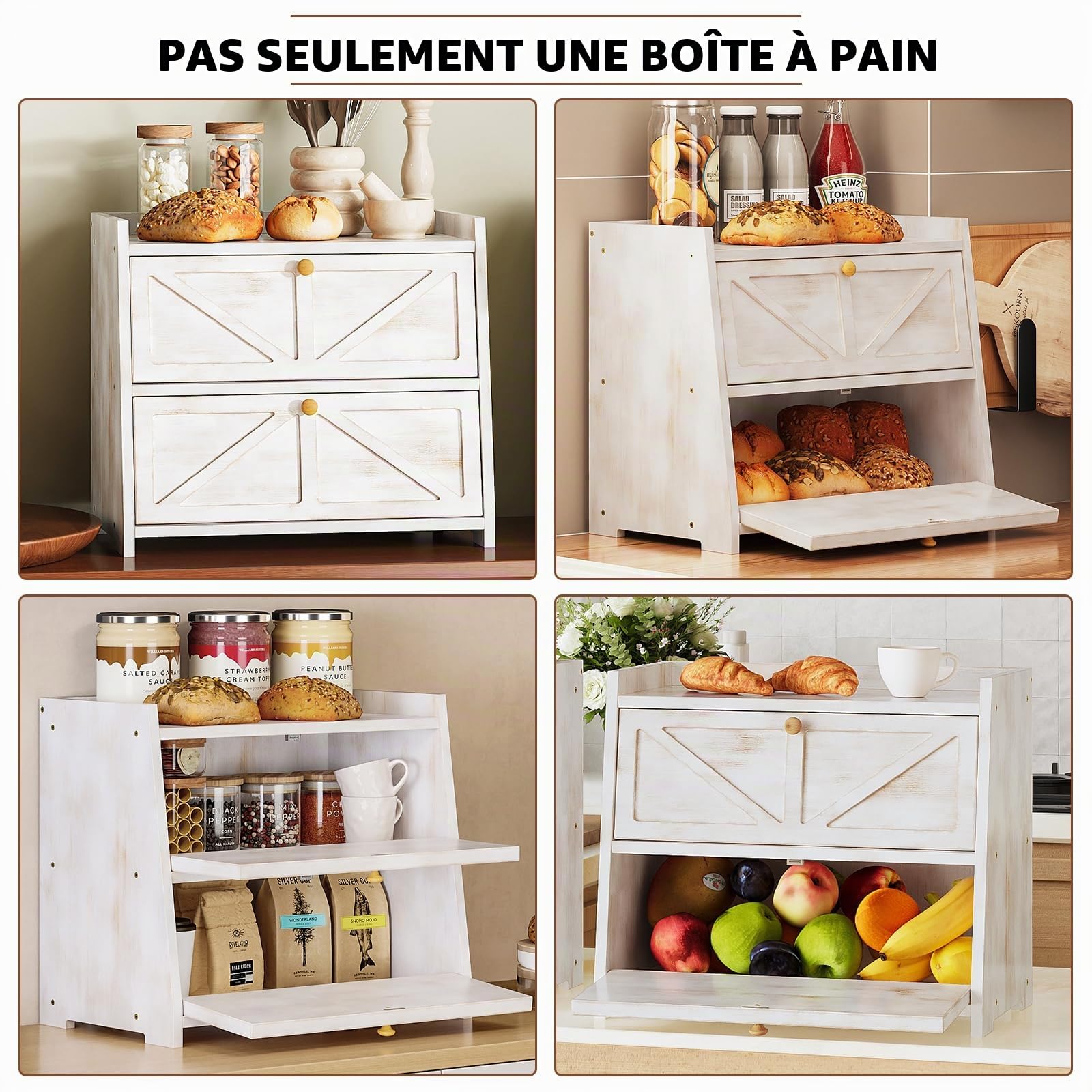 VEDECASA Boîte à pain en bambou avec 2 étagères, grande boîte à pain pour la cuisine, grand contenant à pain, résistant aux aliments, boîte de conservation en bambou, boîtes à pain, 40x25x35cm, style
