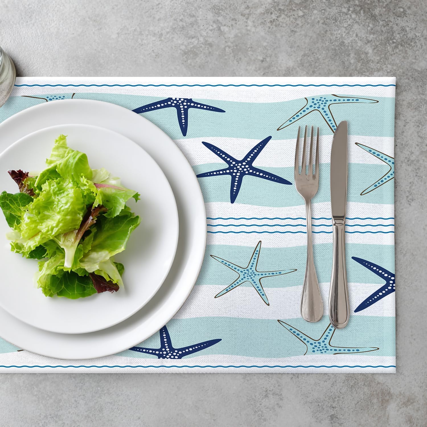 Duotone Blue Nautical Starfish Placemats,Dark Blue Coastal Stripe Place Mats for Dining/Kitchen Table Waterproof Washable Linen Heat Insulation Dinner Table Mats 12x18 in 4 PCS