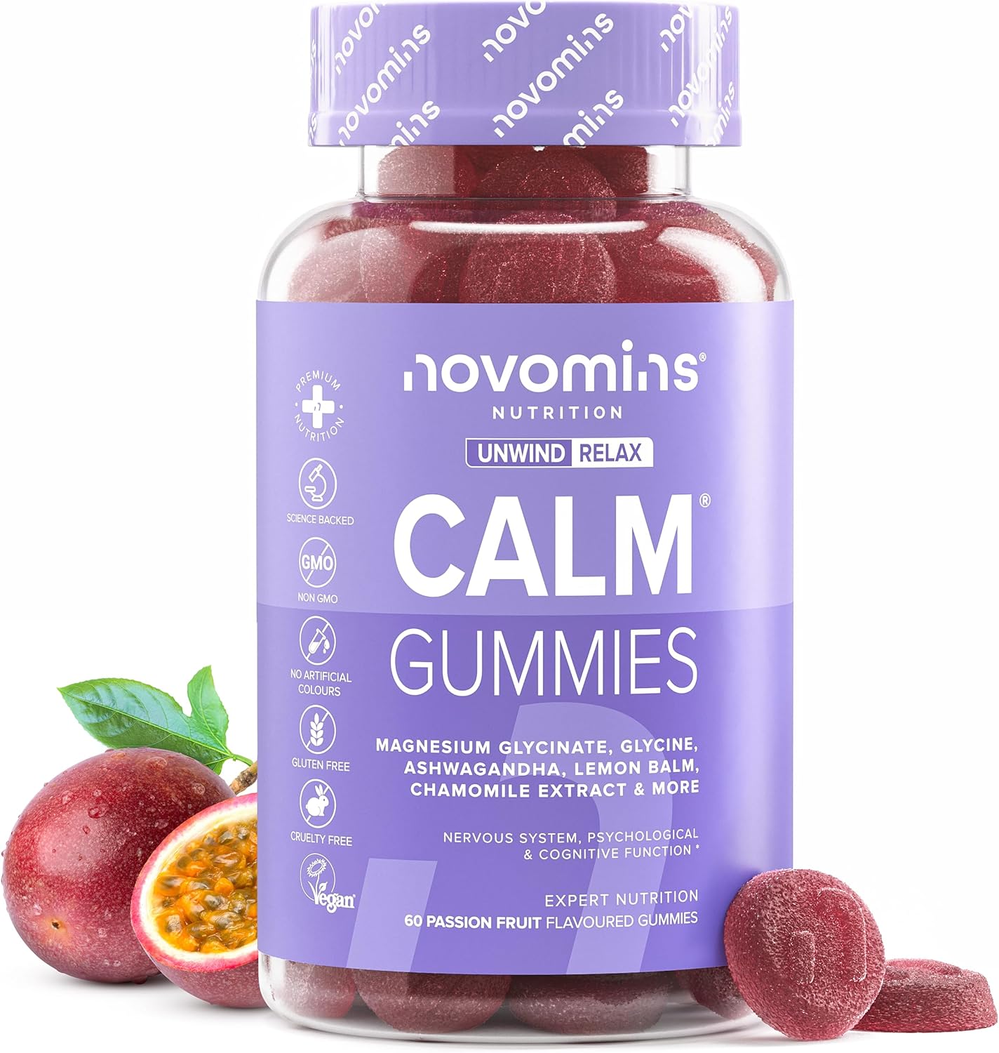 Magnesium Glycinate Gummies – Calm Gummies with 450mg Magnesium Glycinate, Ashwagandha, Glycine, Lemon Balm, Chamomile, Vitamin B12 and Iodine – Rescue and Calms Your Mind – Novomins