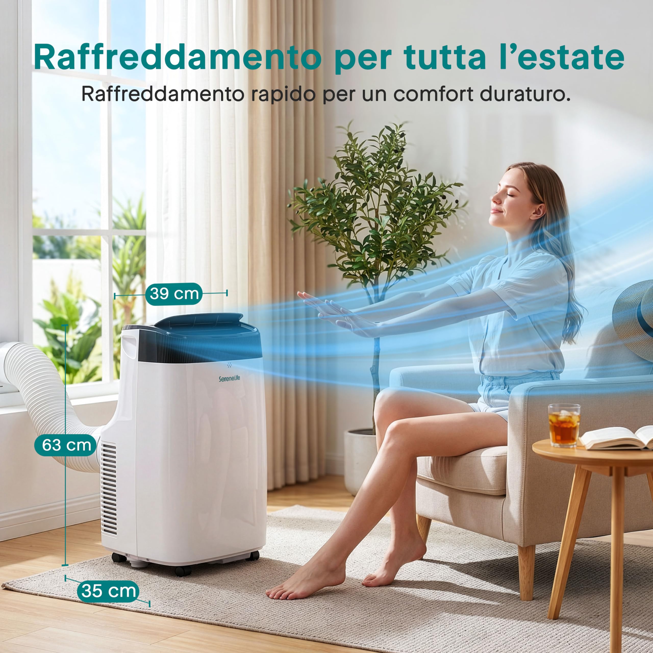 SereneLife Przenośny Klimatyzator 9000 BTU – Klimatyzator z Rurą Odprowadzającą Powietrze, Urządzenie 3 w 1 z Wentylatorem, Chłodzeniem i Osuszaczem Powietrza, Zestawem Uszczelniającym do Okna