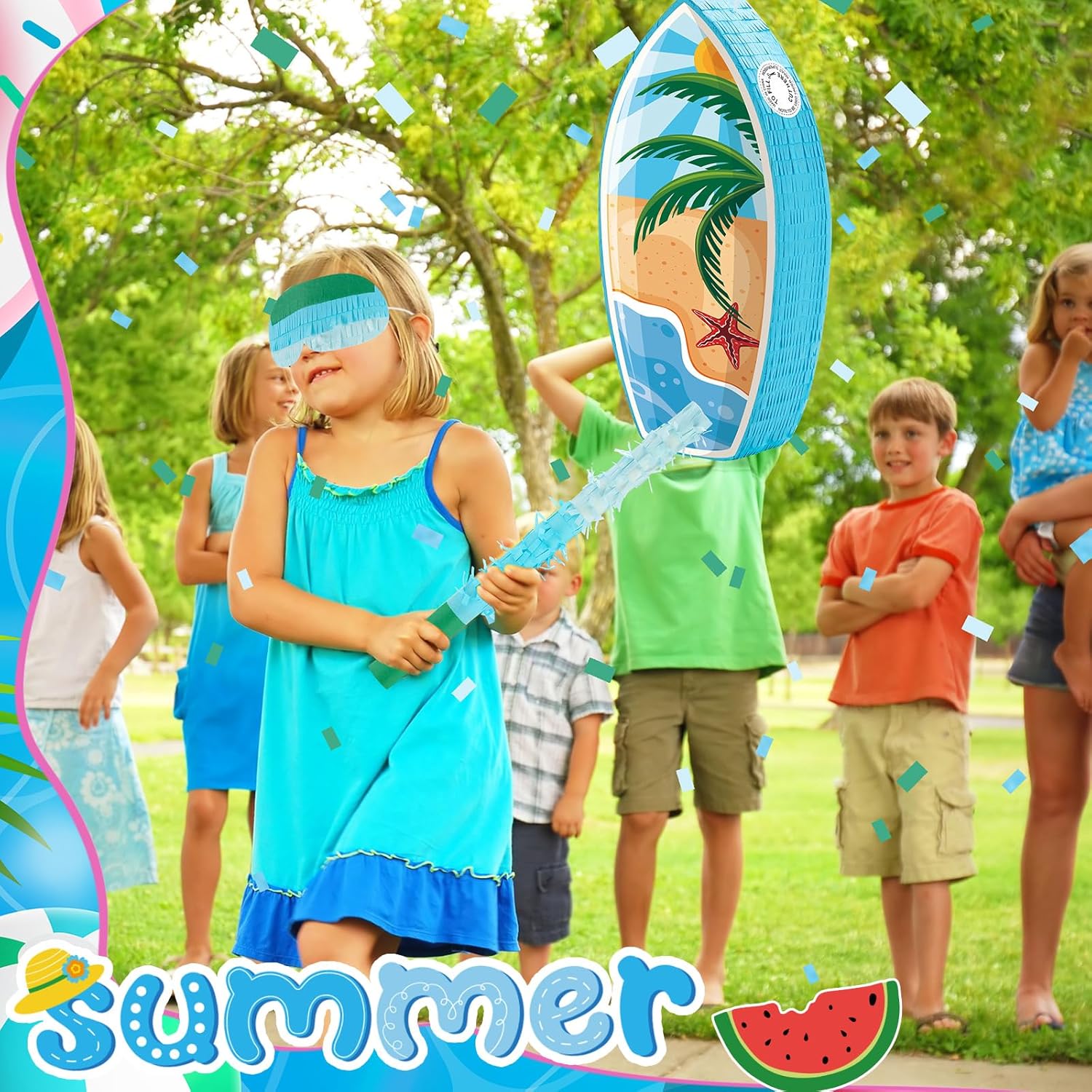 Lewtemi Surfboard Piñata with Stick Blindfold Confetti, 17 Inch Hawaii Beach Theme Surf Board Piñata, Sun Beach Sea Coconut Trees Starfish Patterned, Birthday Summer Luau Pool Surf Party Game Supplies