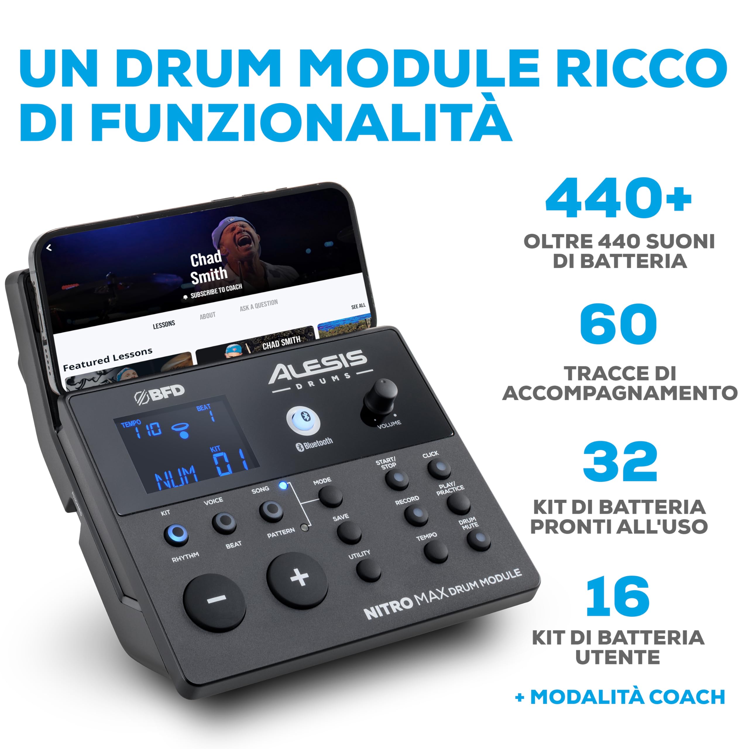 Alesis Nitro Max Kit e Amp - Batteria Elettronica a 10 Pezzi con Pelli Mesh, Rullante a Doppia Zona da 10", Bluetooth, USB MIDI, e Cassa Monitor Montabile 70W