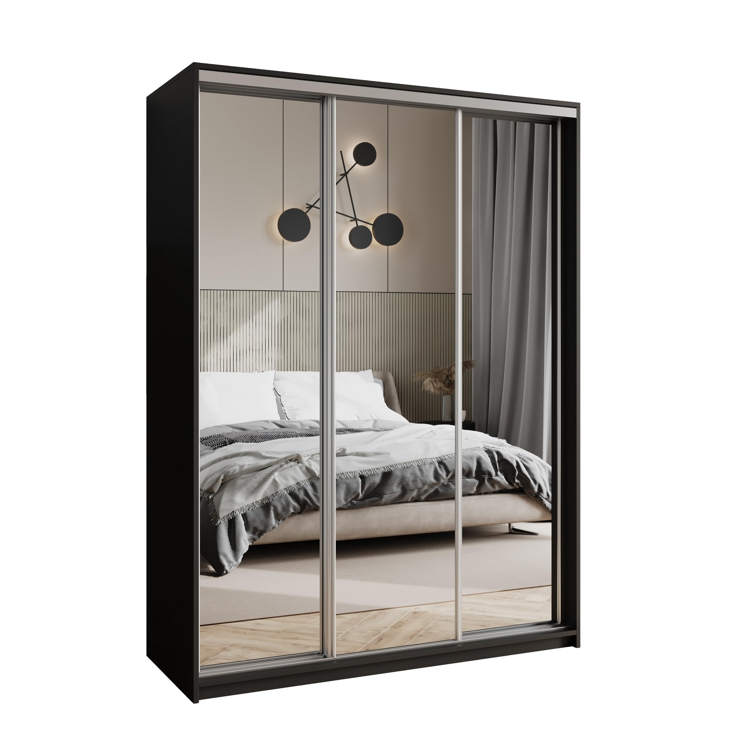 Masseno Schwebetürenschrank Rien 150/205/60 cm Kleiderschrank mit Schubladen Schlafzimmer Schiebetürenschrank 3-türig mit Spiegel Schwarz + Satin