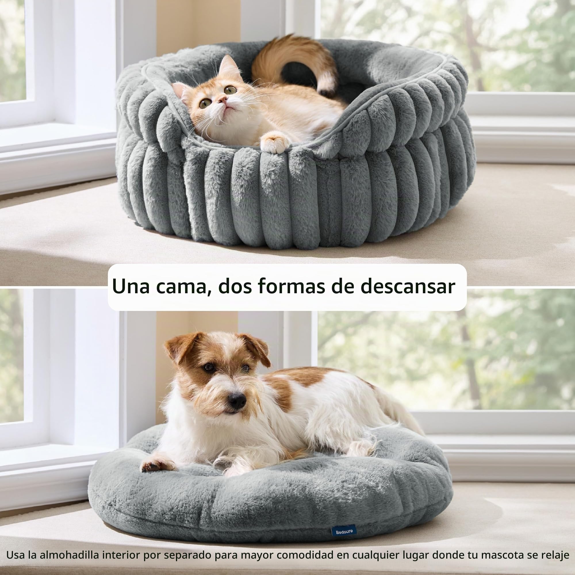Bedsure Cama Gato Cama Cachorro Lavable Pana Polar, 51x51cm | Cama Gatito Redonda Estilo Abrazo Sueño Profundo Bordes Altos, Cojín Extraíble Reversible, Antideslizante, Gris