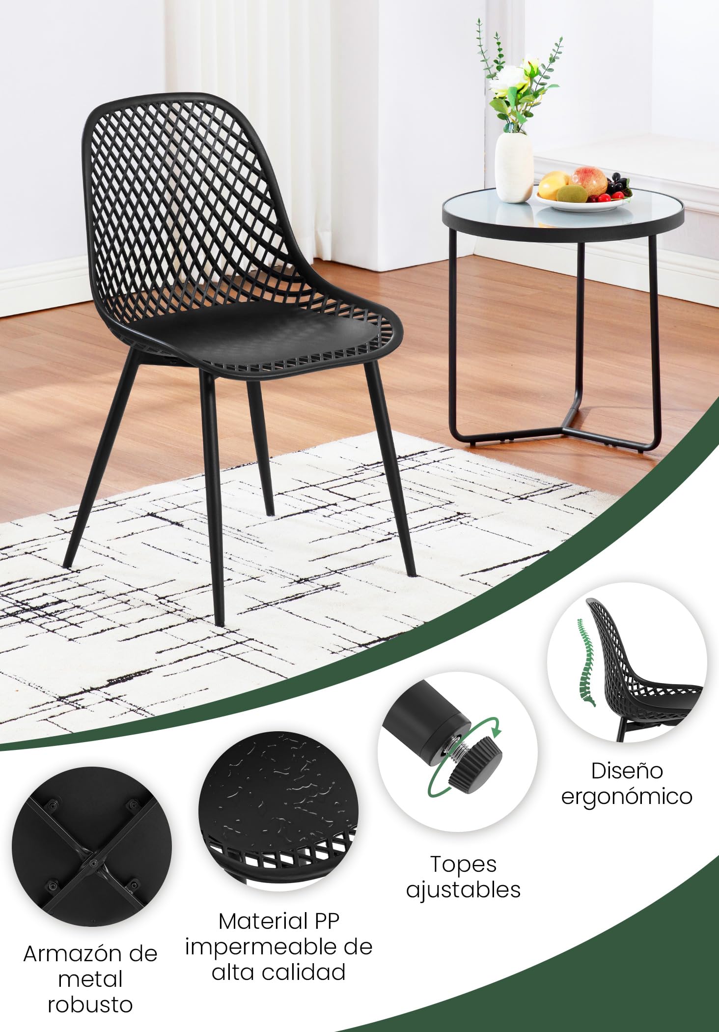 Juego de 4 Sillas de Comedor,Asiento PP,Negro