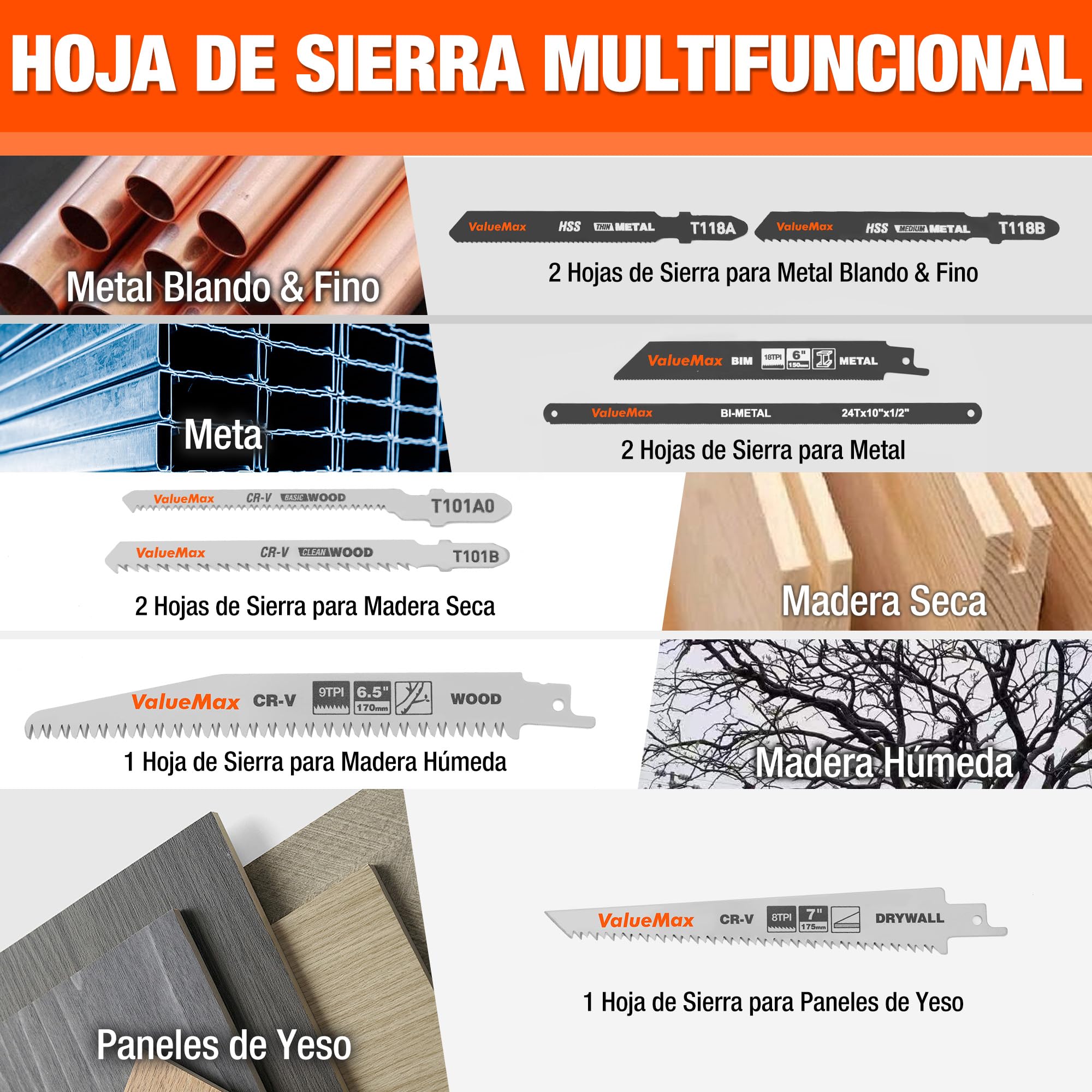 ValueMax Sierra de Mano Multifunción 8 en 1 con 8 Hojas de Sierra, Mango Ergonómico, Estructura Segura, Para Cortar Madera, Metal, Yeso, Paneles de Yeso y Más