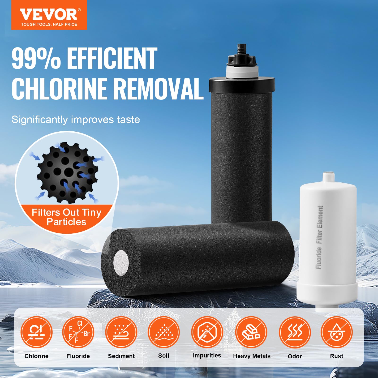VEVOR Sistema de Filtración de Agua por Gravedad 7,5 L Sistema de Encimera Acero Inoxidable Reduce Plomo y hasta 99% de Cloro con 2 Filtros de Carbón Activado, 2 Filtros de Desfluoración, Grifo