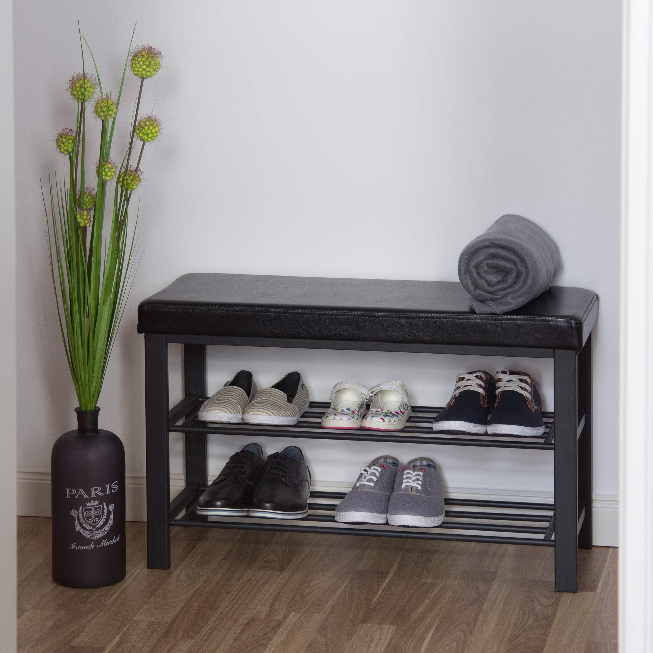 Relaxdays Ławka na buty, 49 x 81 x 32 cm, otwarte półki na buty, wyściełane siedzisko z pokrowcem ze sztucznej skóry, dla 6-8 par, bez pleców, czarna, sztuczna skóra