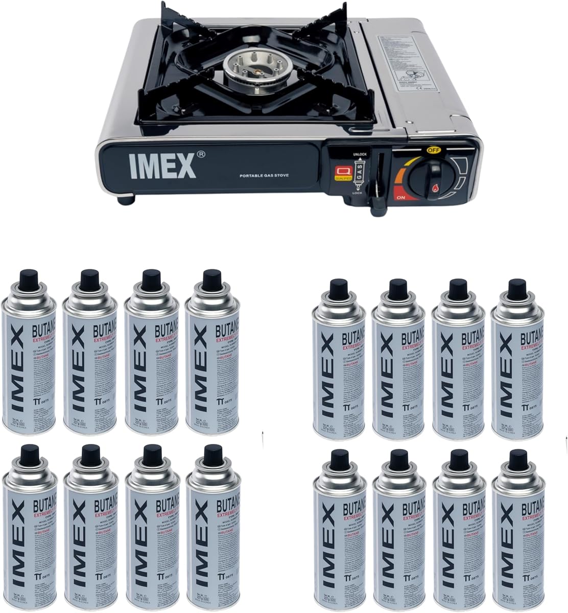 IMEX Gaskocher Edelstahl Campingkocher mit 16 Gaskartuschen und Tragekoffer/Aufbewahrungskoffer 2,2KW