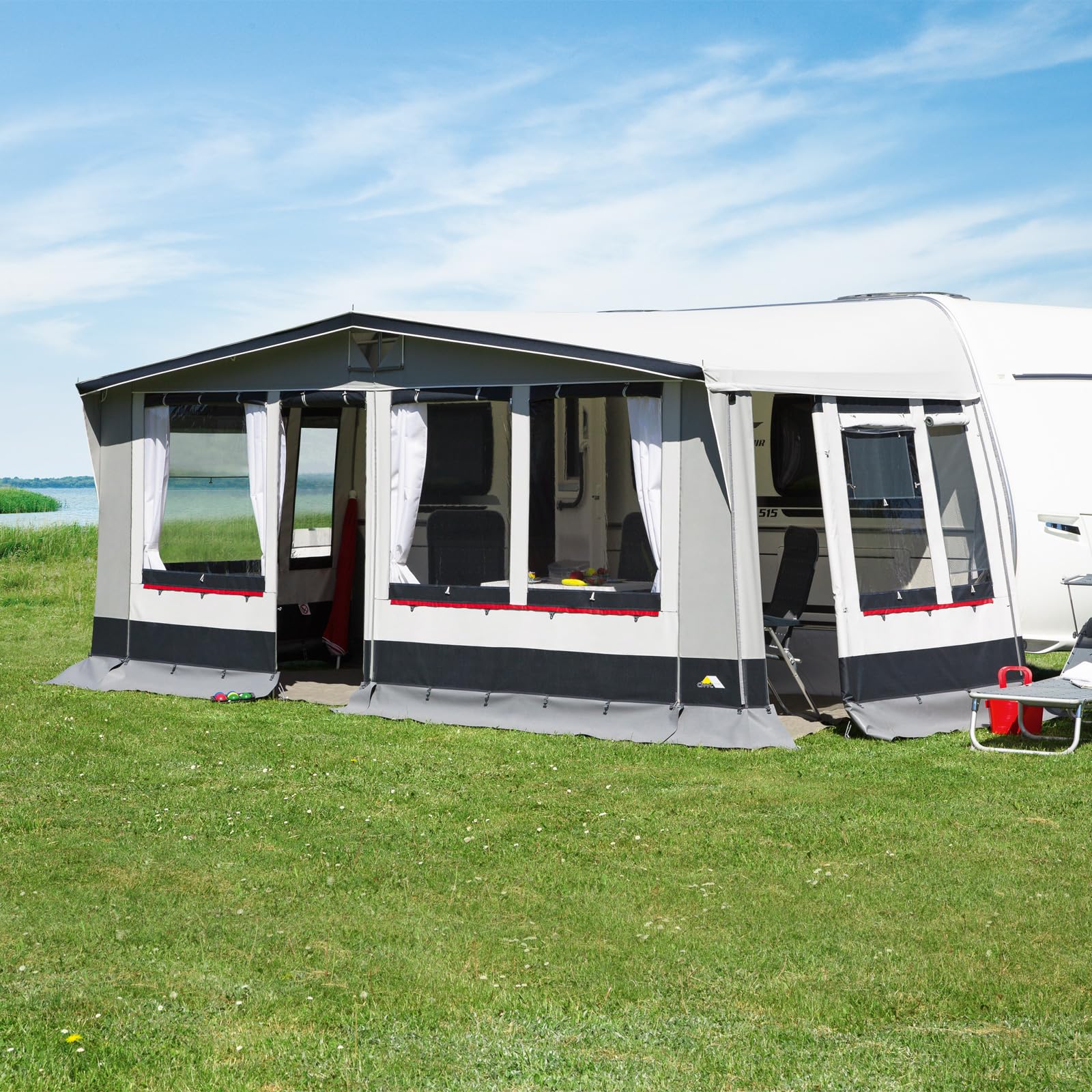 DWT Wohnwagen Vorzelt Paradies III mit 280 cm Tiefe, wetterfestes Polyestergewebe, UV-Schutz, Ganzjahreszelt mit 2-teiliger Vorderwand, Größe:Gr. 14 Umlaufmaß 941-970 cm