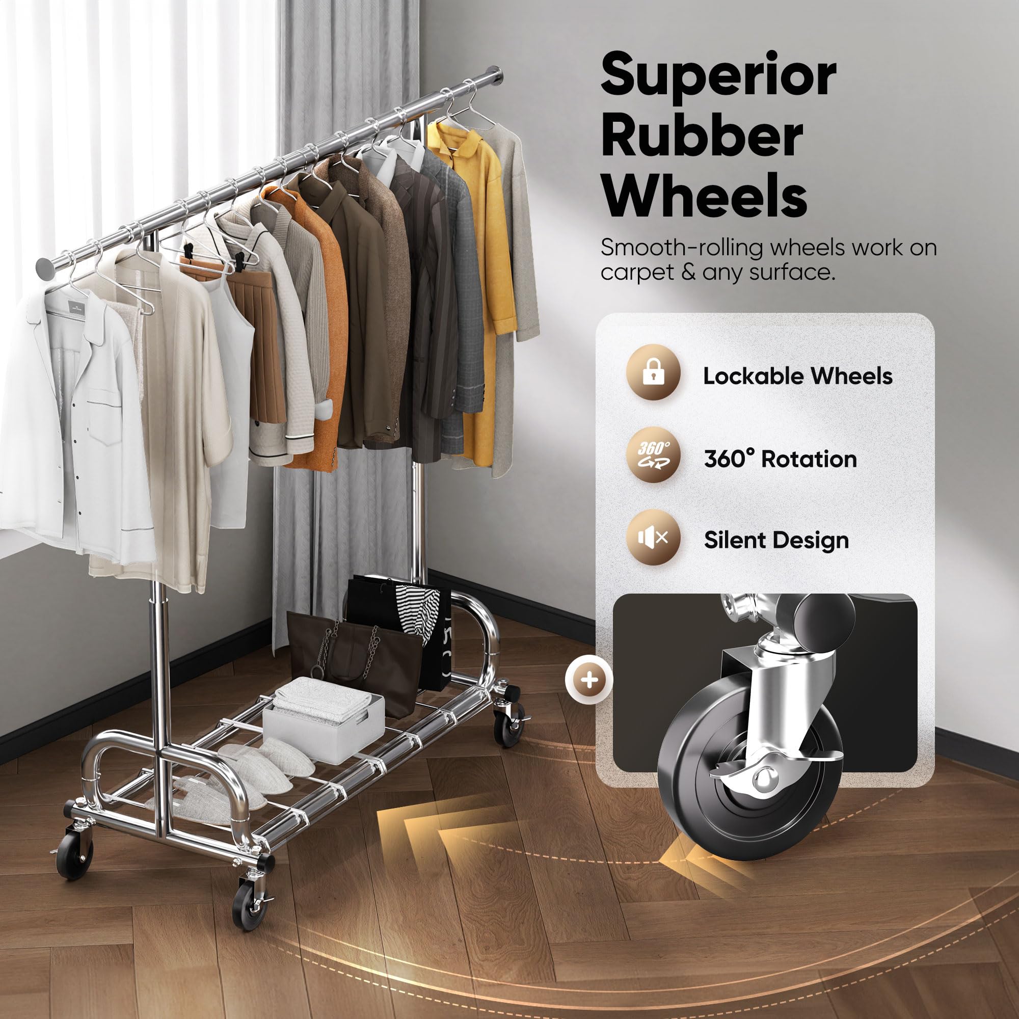HOKEEPER Perchero resistente de 204 kg de capacidad, altura ajustable y estante extensible para colgar con ruedas bloqueables, ahorro de espacio para dormitorio, apartamento pequeño, cuarto de lavado