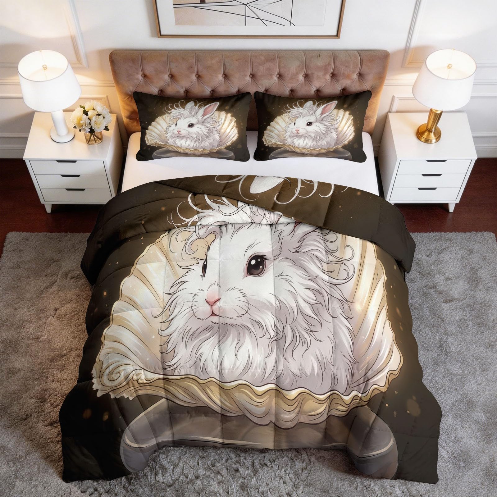 Piumone Invernale Matrimoniale 220 x 240 cm Fantasia Animali Coniglio Bianco Trapunta in Ecopiuma 400 gr/mq, Caldo ed Elegante – Biancheria da Letto Anallergica e Traspirante – Set 3 Pezzi, Beige