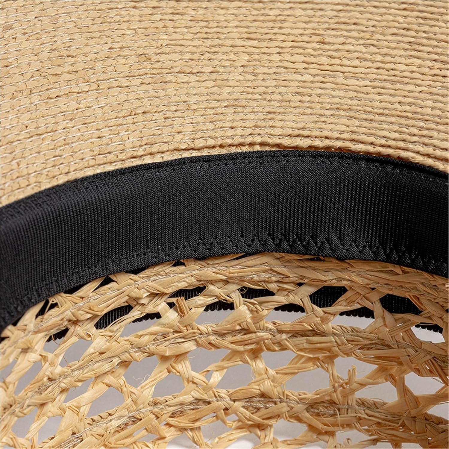 Women’s Raffia Straw Sun Hat with Decorative Ribbon, Hollow Out Wide Brim Flat Top Hat for Summer Outdoor Beach
