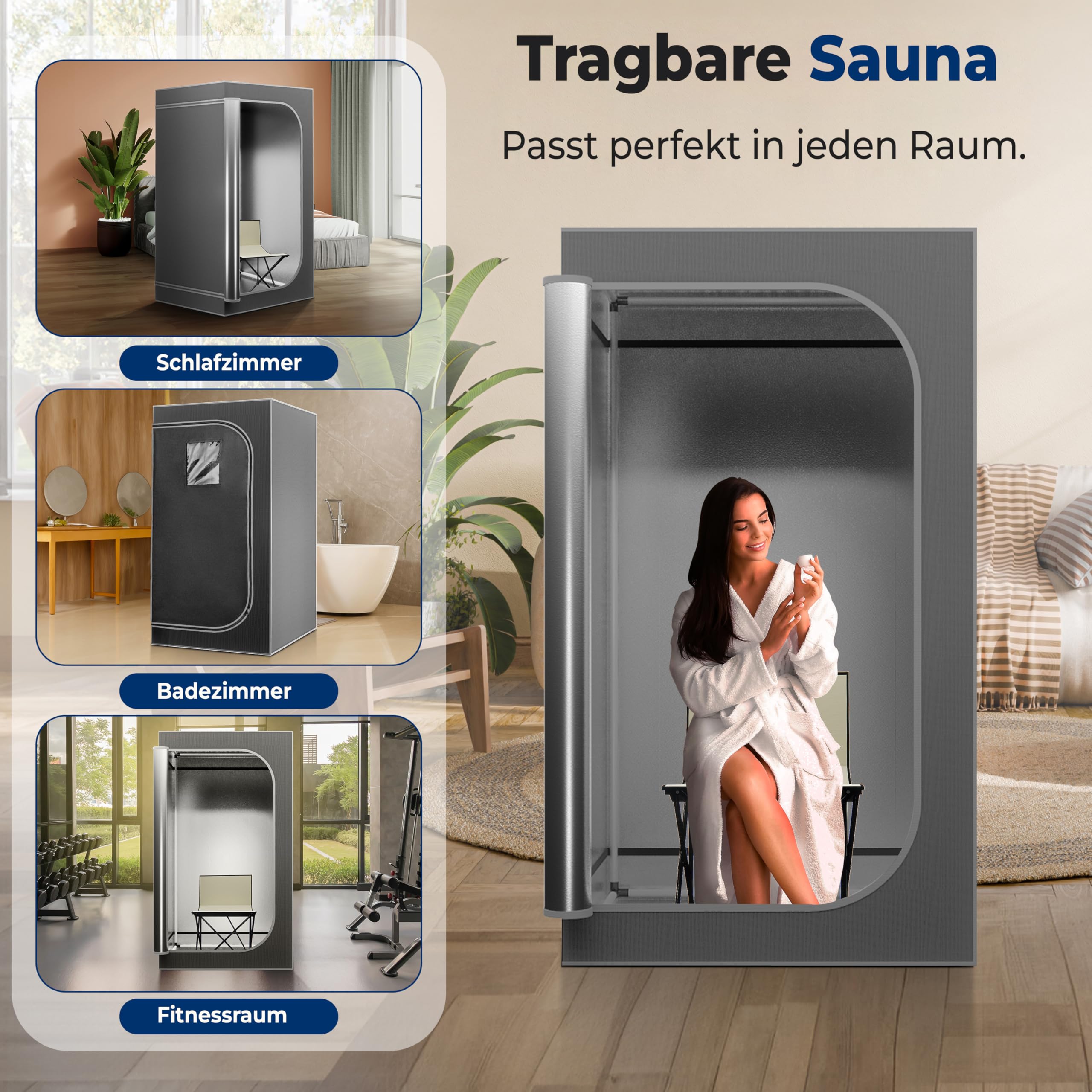 SereneLife Dampfsauna Grau 90×90×180 cm – Mobile Heimsauna mit klappbarem Stuhl und Dampfgenerator Faltbare Mini Sauna für Zuhause, Tragbare Wärmekabine bis 50 °C, Fernbedienung und Timer-Steuerung