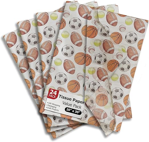 Sports Balls Printed Tissue Paper for Gift Bags or Boxes and Wrapping - Soccer, Basketball, Baseball - Bulk Decorative Art Tissue Paper for Packaging and Gifting | 24 Sheets 20" x 30"