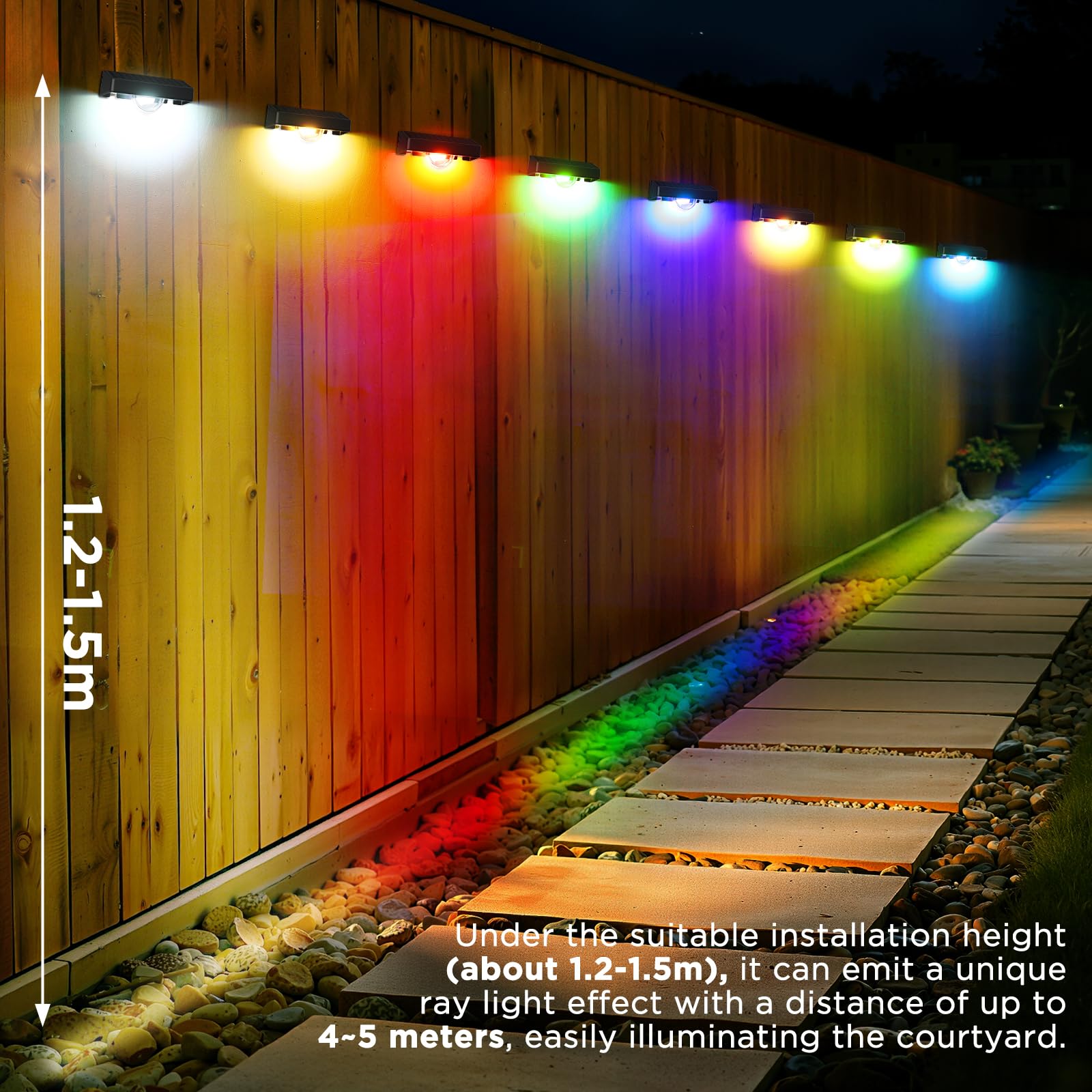 Quntis Solarna lampa ścienna zewnętrzna z efektem wiązki światła, 4 sztuki, 11 trybów świecenia (ciepła biel i zmiana kolorów RGB), IP44, wodoszczelne solarne oświetlenie ogrodzenia, do użytku na