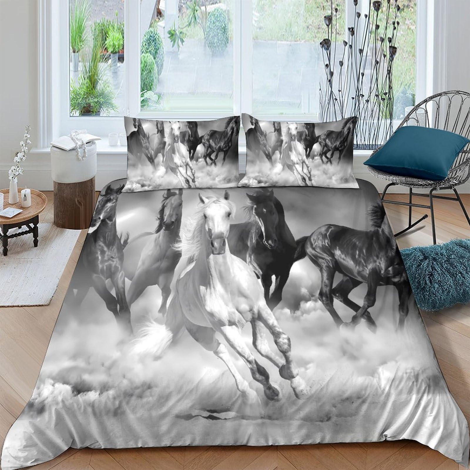 Ctjqhvkz Style-9 3D Printed Wild Horse Fitted Sheet Microfiber Soft Grey Black Running Horses Bed Cover For Bedroom Dorm Mattress Protection Decor Single（135X200cm）