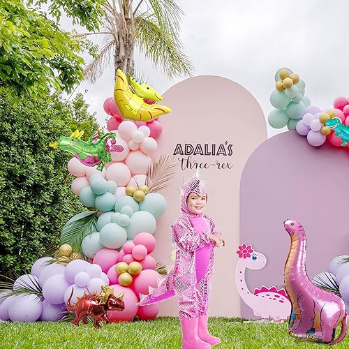 Miniatura 4 de Kit de arco de guirnalda de globos de dinosaurio rosa con rosa pastel morado verde azulado y globo de dinosaurio de aluminio para decoraciones de