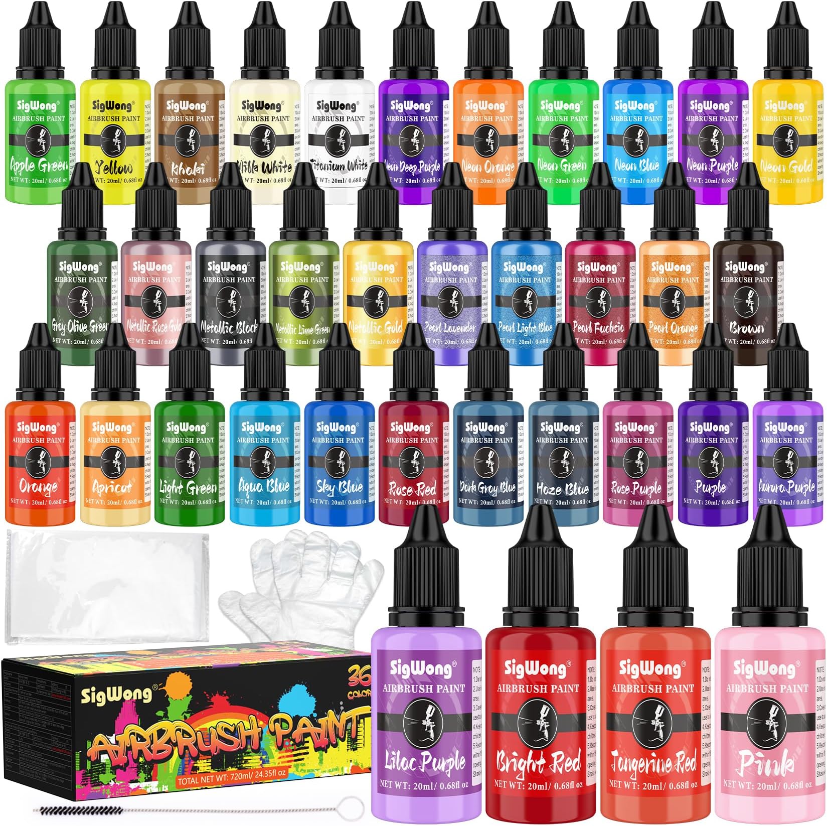Airbrush Paint Set - 36 Colors Airbrush Paint, Ready to Spray, Water Based Acrylic Paint Kit for Metal, Plastic Models, Leather, Neon, Pearl, Metal Colors - 0.7fl oz