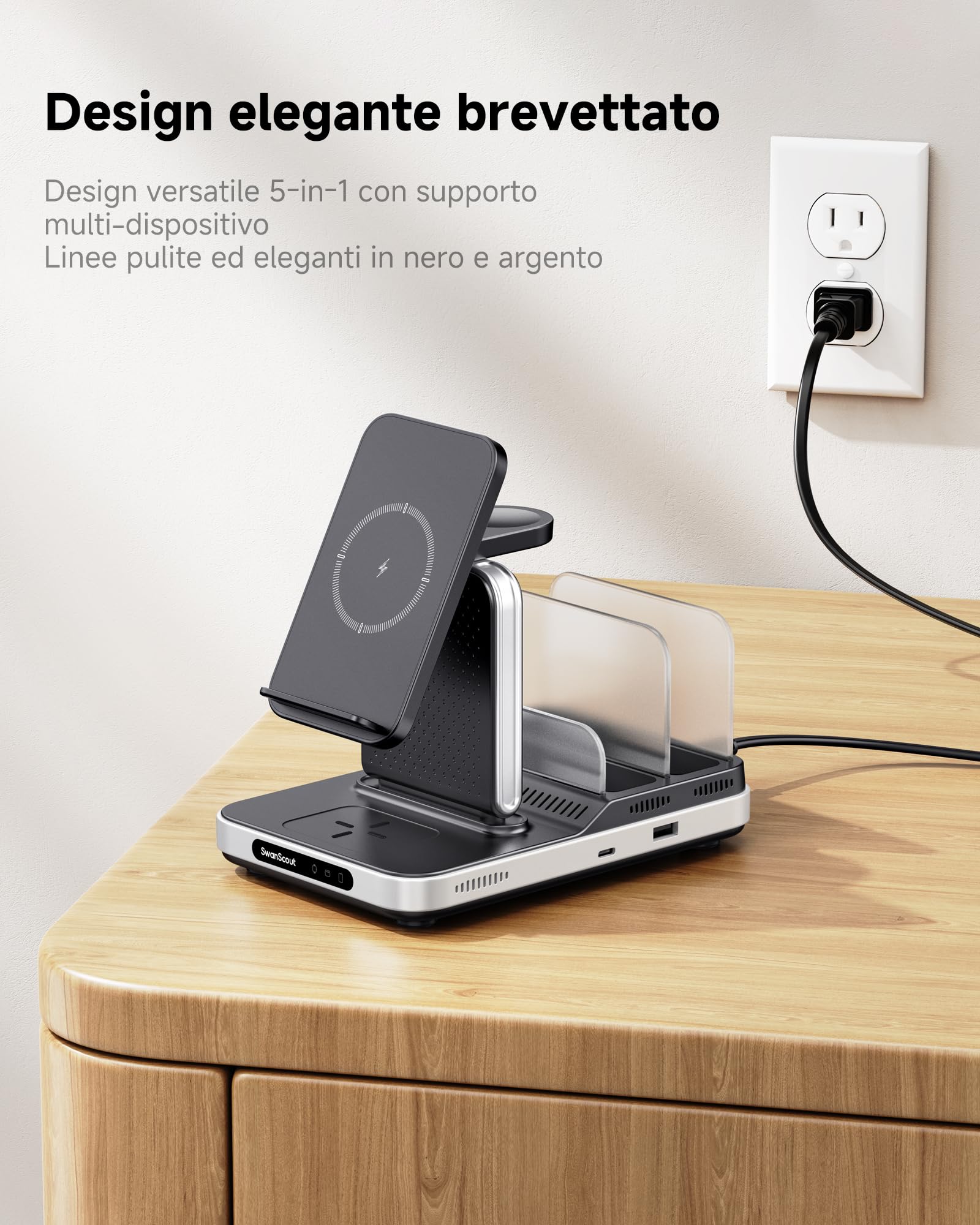 SwanScout Stazione di ricarica 5 in 1 per dispositivi Samsung, Caricatore wireless per serie Samsung S25/S24/S23, Galaxy Watch Ultra/8/7/6/5/4, Galaxy Buds, per Galaxy Tab/iPad/Switch, Modello 901S