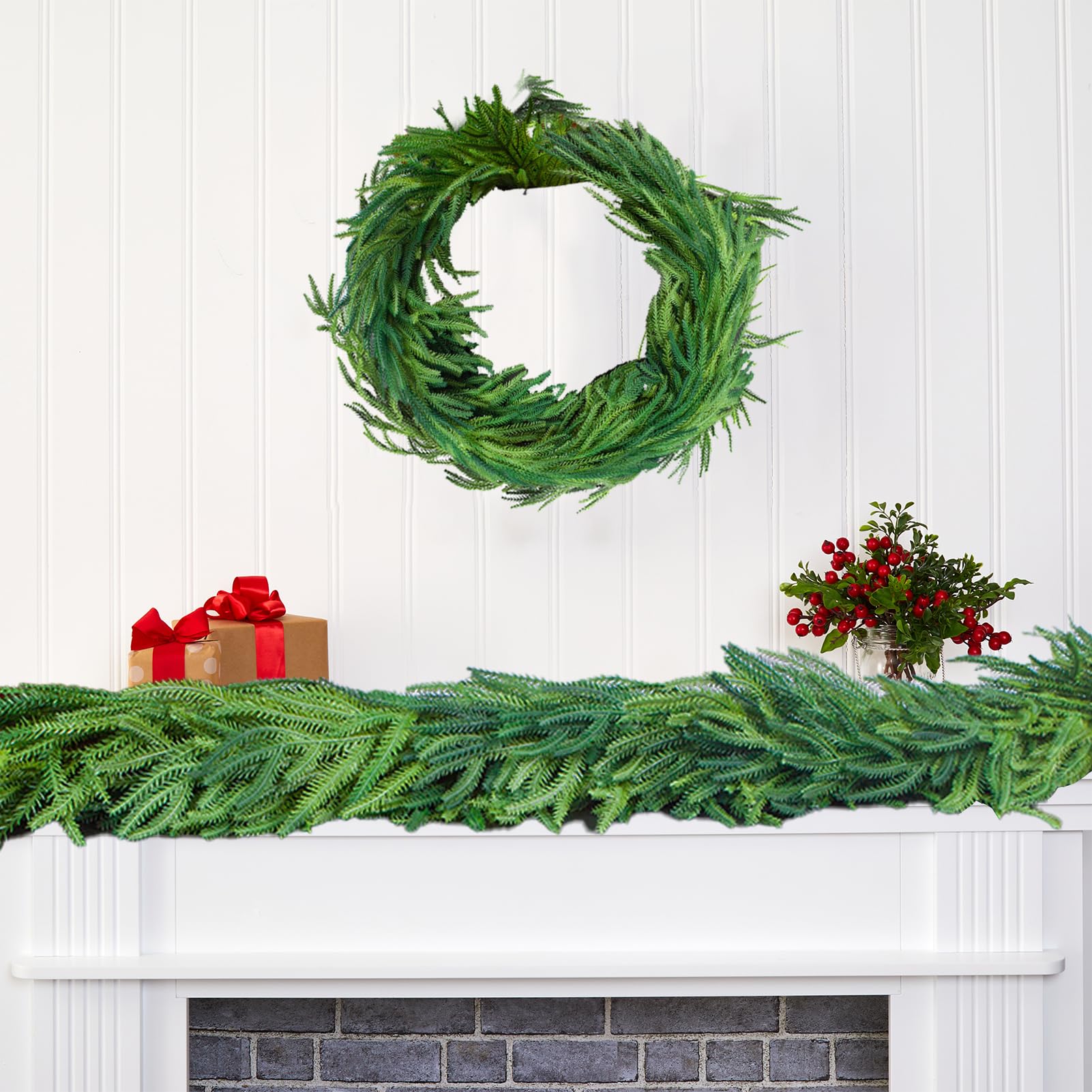 Guirnalda de Pino de Norfolk de Navidad Artificial, Guirnalda de Pino de Invierno de Tacto Real, Guirnaldas Verdes de Pino Falso para Mesa, Chimenea, Ventana, Decoración de (C)