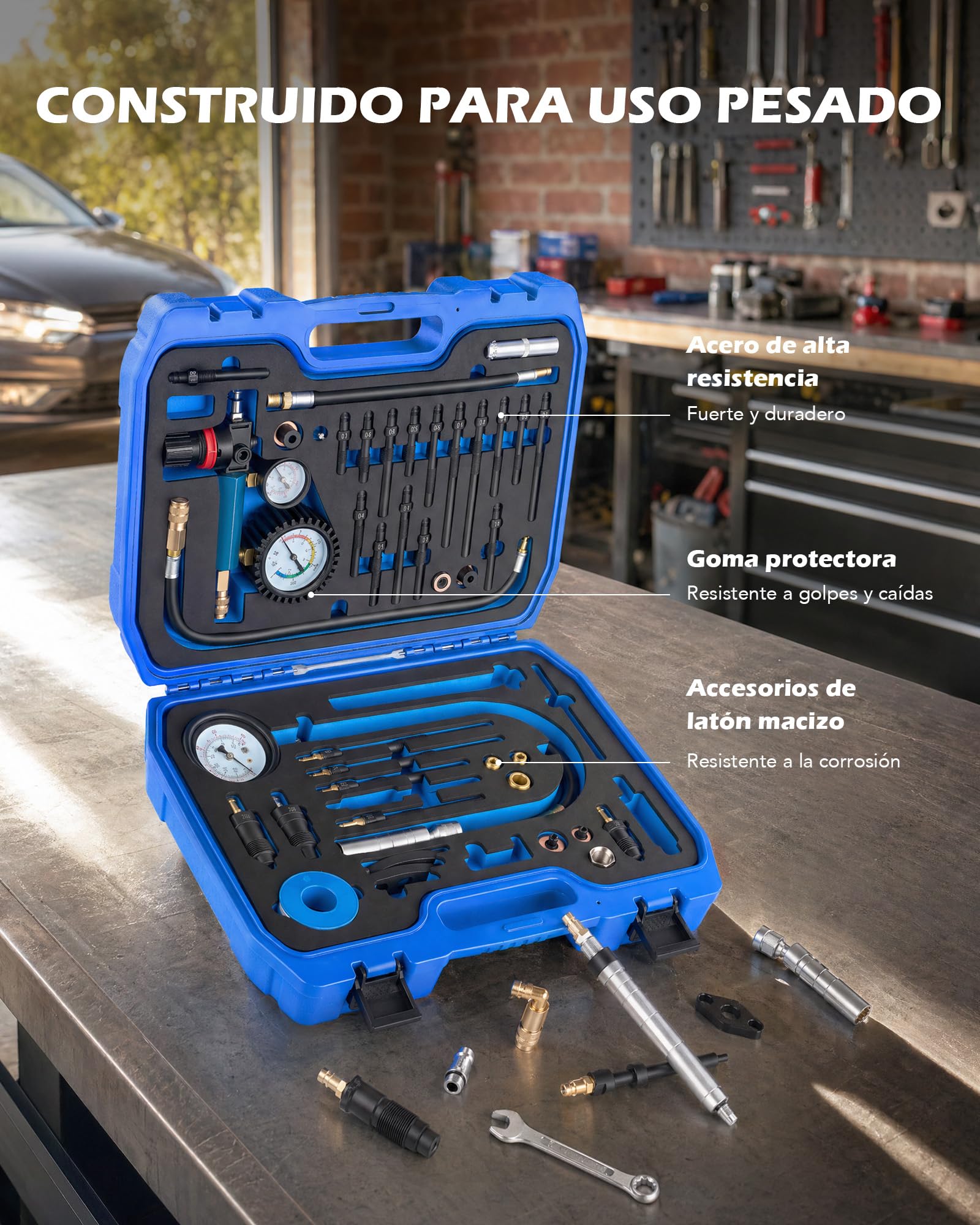 Orion Motor Tech Juego de Comprobador de Compresión y Pérdida de Presión 51 Piezas – Kit Compresímetro 0–50 Bar para Motores Gasolina y Diésel, Turismos y Camiones, Adaptadores M8–M24