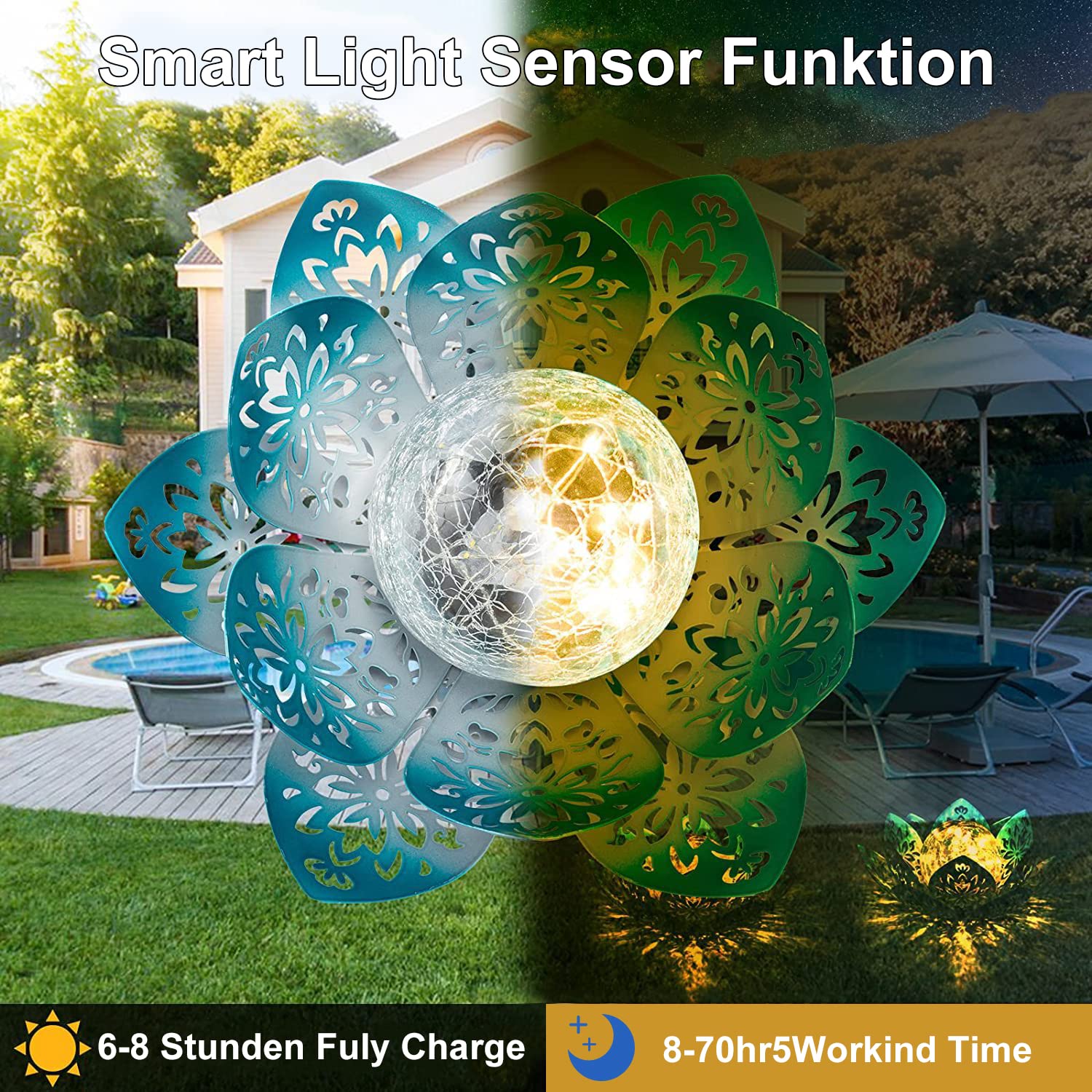 Lamp op zonne-energie, voor buiten, tuin, waterdicht, lotusbloem, tuindecoratie, tuindecoratie buiten, crack glazen bol, decoratieve lamp, led-zonnelantaarn voor tuin, gazon, stoep (zilverblauw