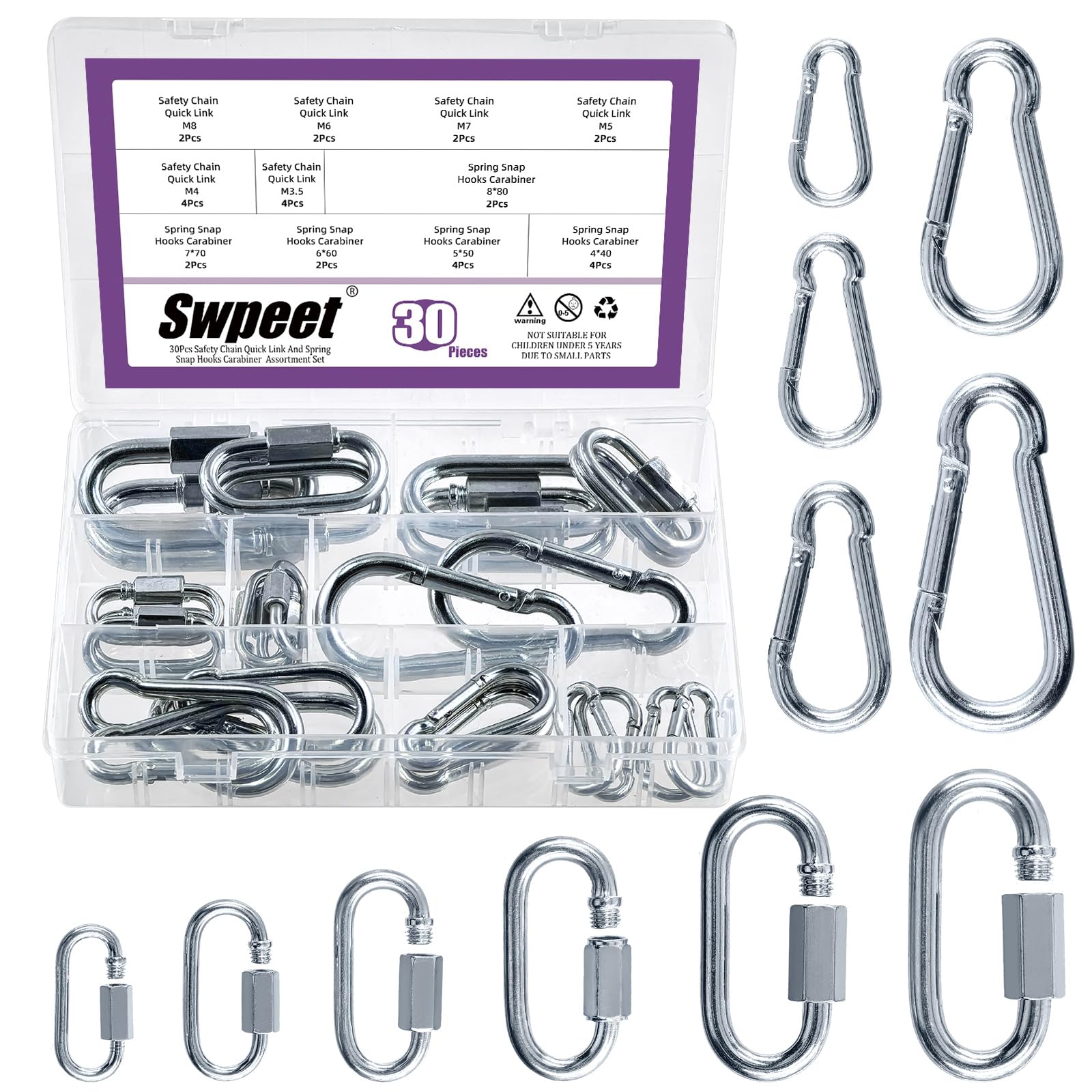 Swpeet 30Pcs M3.5 M4 M5 M6 M7 M8 Galvanized Safety Chain Quick Link and Galvanized Spring Snap Hook Carabiner Clips Assortment Kit, Heavy Duty Chain Connector Chain Coupler D Shape Locking Carabiner