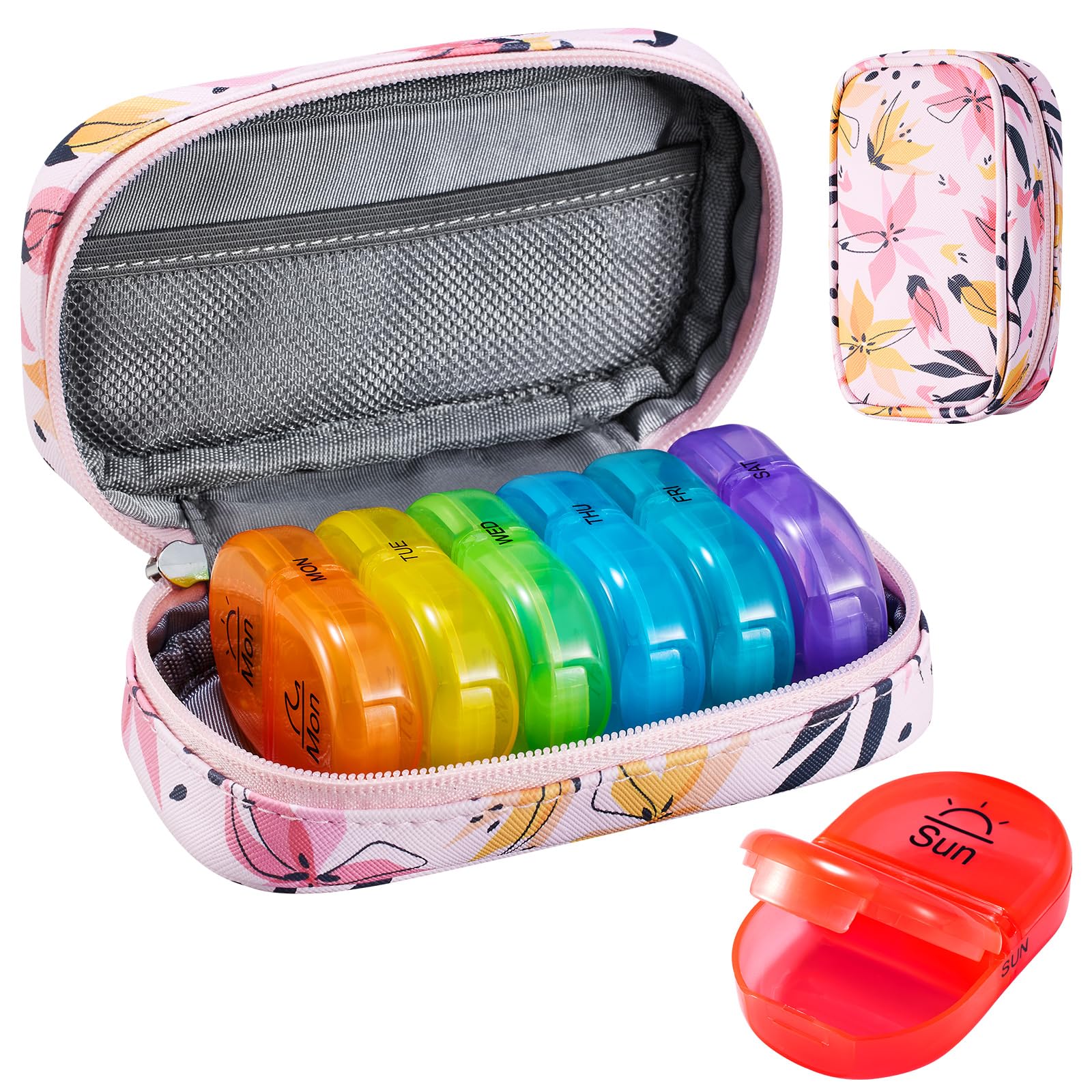 Serfeymi Weekly Travel Pill Organizer 2 Times A Day AM PM Upgraded Rainbow Pill Box 7 Day with Portable Zipper PU Leather Pill Case, Medicine