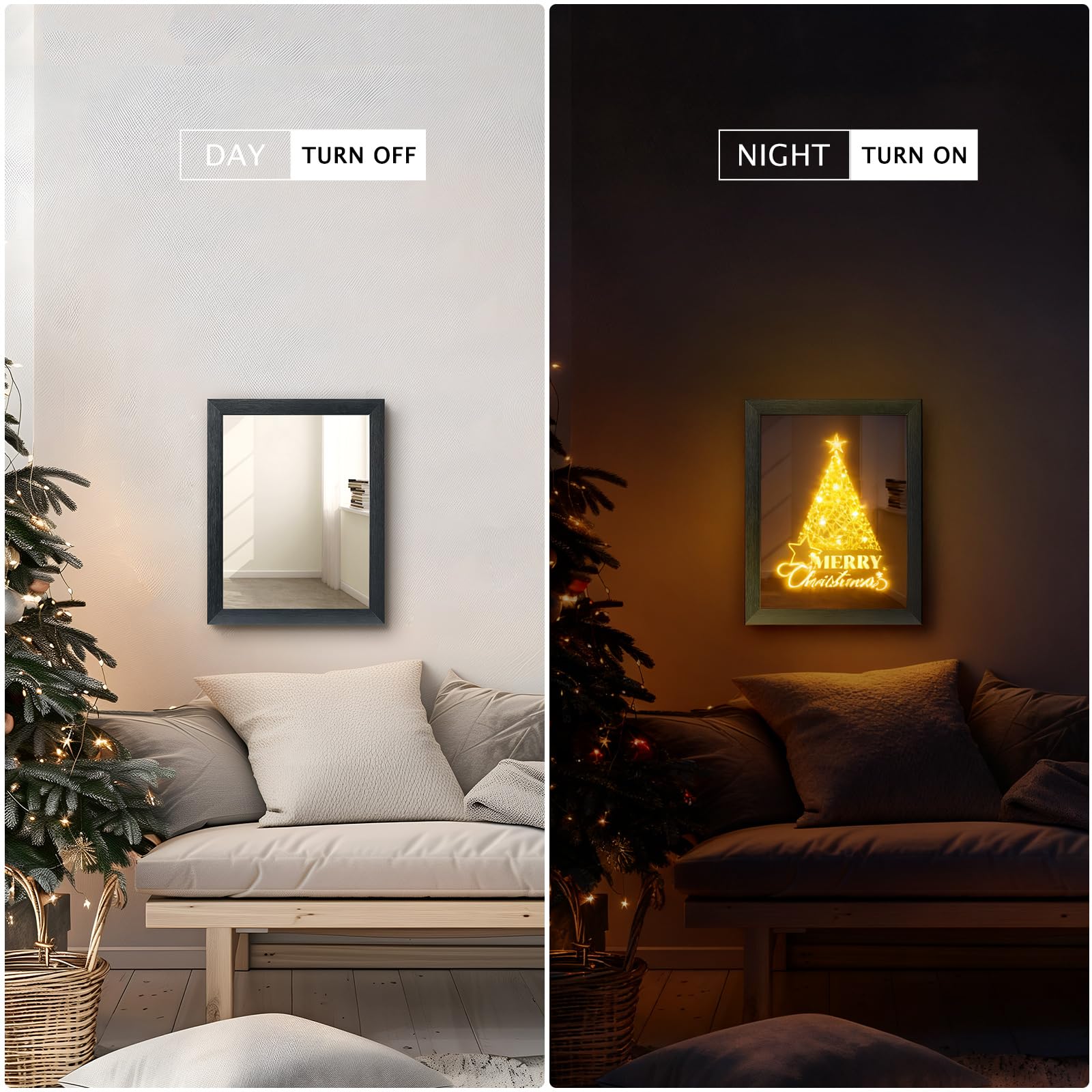 Condition photo showing As Is for VIYYIEA Christmas Decor+Mirror+Led Light, Versatile 3-in-1 Design, Line Xmas Tree Wall Art, Decorative Mirror with USB Power, Modern Illuminated Wall Decor for Living Room 14L x 11W