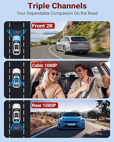 Miniatura 3 de Cámara de tablero 2K de 3 canales, cámara de tablero 2K+1080P frontal y trasera 360 Dual Dash Cam WiFi incorporado 2K+1080P+1080P Cámara triple de