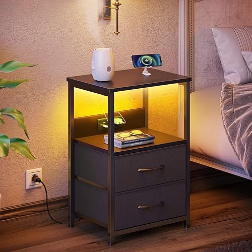 Miniatura 7 de Seventable Mesita de noche con estación de carga, mesita de noche con luces LED, mesita de noche con 2 cajones de tela, mesa auxiliar de