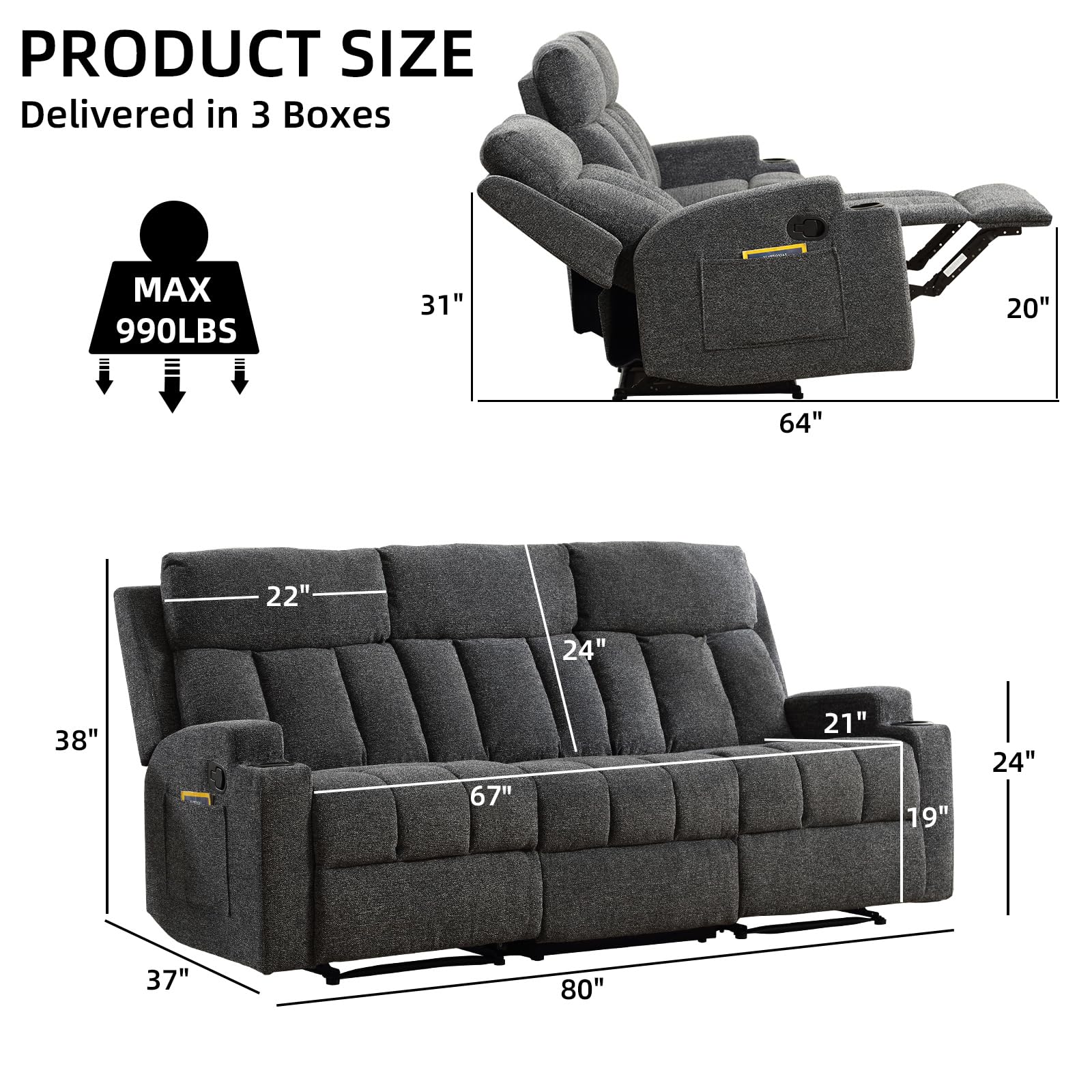 CANMOV Manual Recliner Sofa Set, 3 Seat Recliner with Side Pockets and Cup Holders, Sofa Couch with Adjustable Footrest for Living Room/Office/Home Theater, Dark Grey view 2