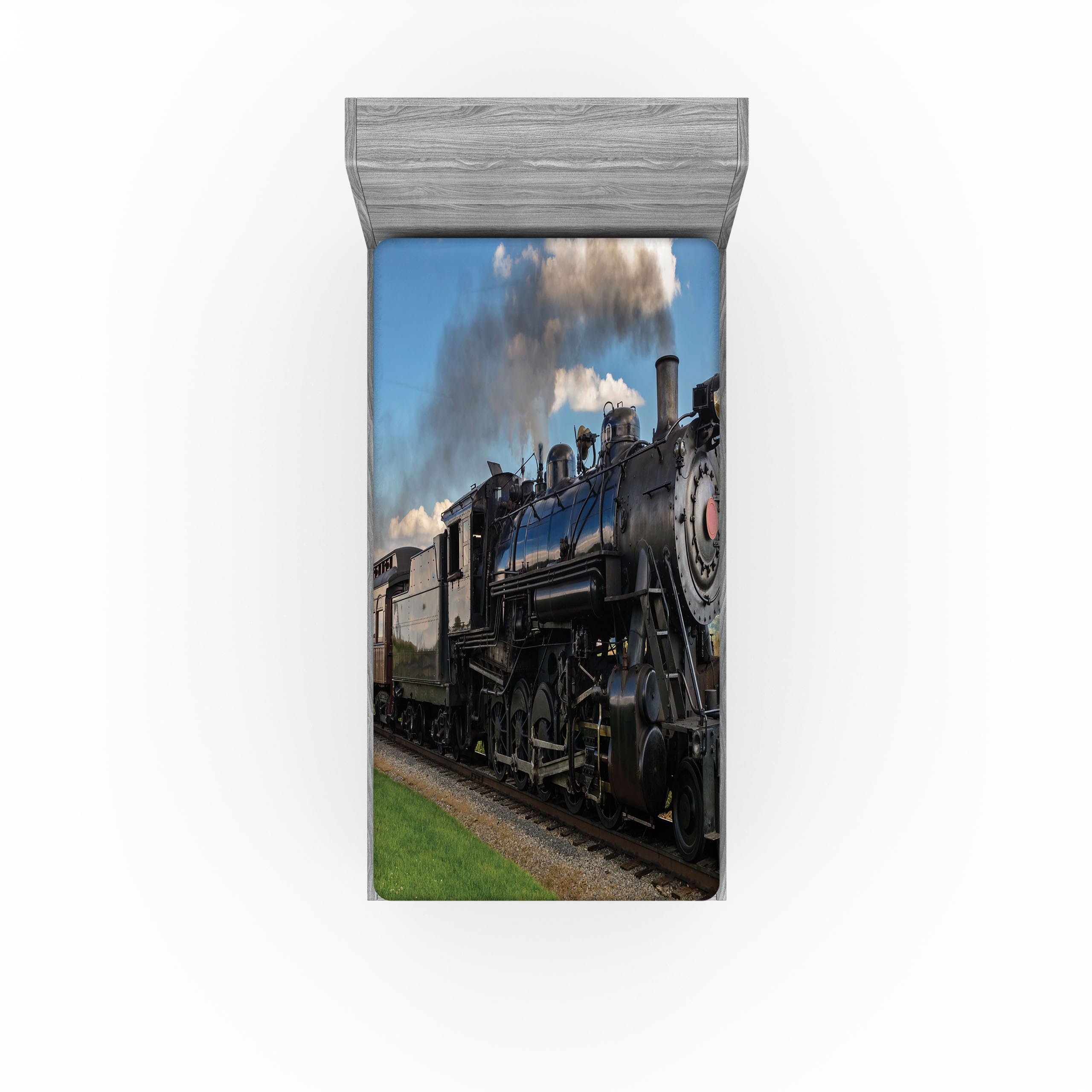 Ambesonne Steam Engine 2 Pack Fitted Sheet, Countryside Train, Bed Cover All-Round Elastic Deep Pockets 2 Pieces, Package Contains 2 Twin Size Fitted Sheets, Blue Green