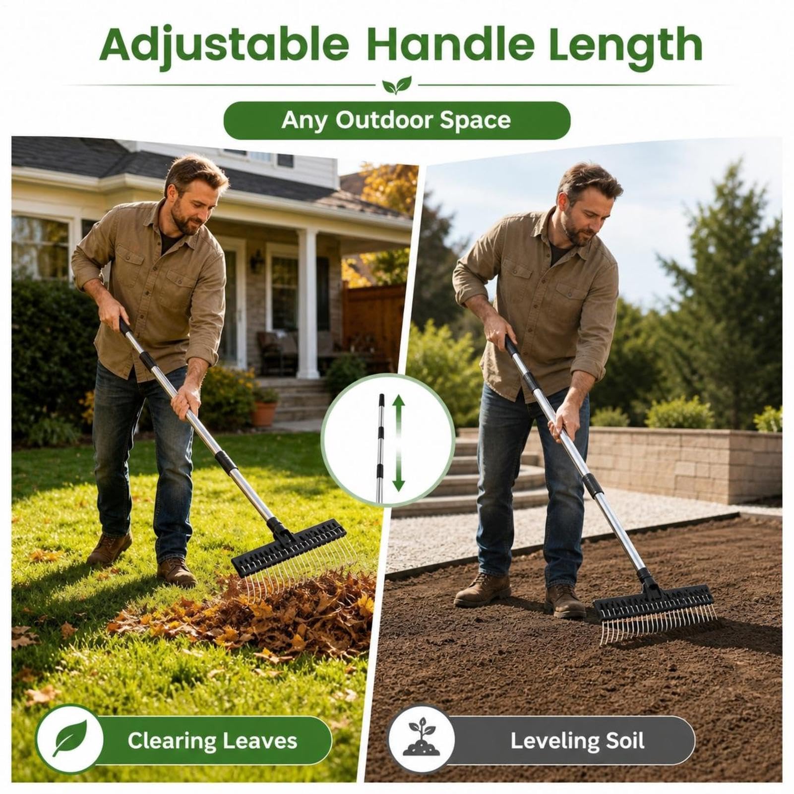 Gartenrechen - Ausziehbarem Rasenharke | Rasenrechen Verstellbar Premium Laubbesen Mehrzweck Metallrechen | Breiter Stahldrahtrechen Laub, Mulch, Rasen Und Hof, Ergonomisch Gestaltet