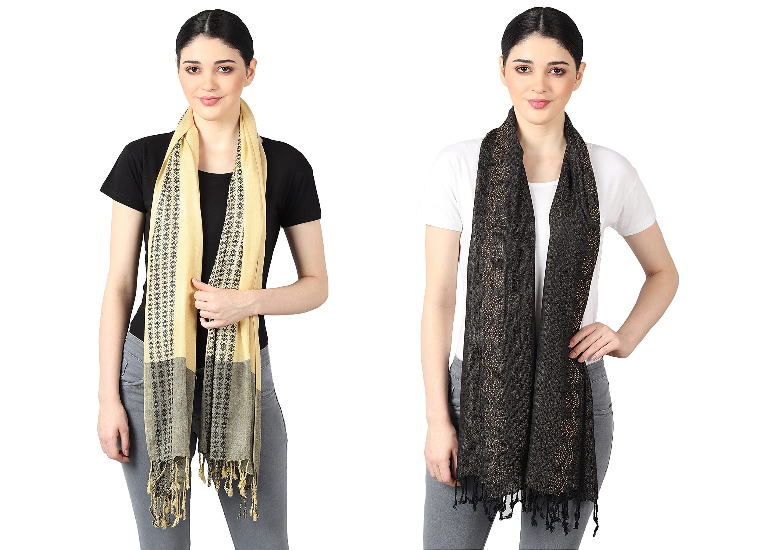 Flyer Women's stole/scarf Colour- Yellow & Black & Blue & Grey & Purple & Pink soft viscose ethnic scarves pack of 2