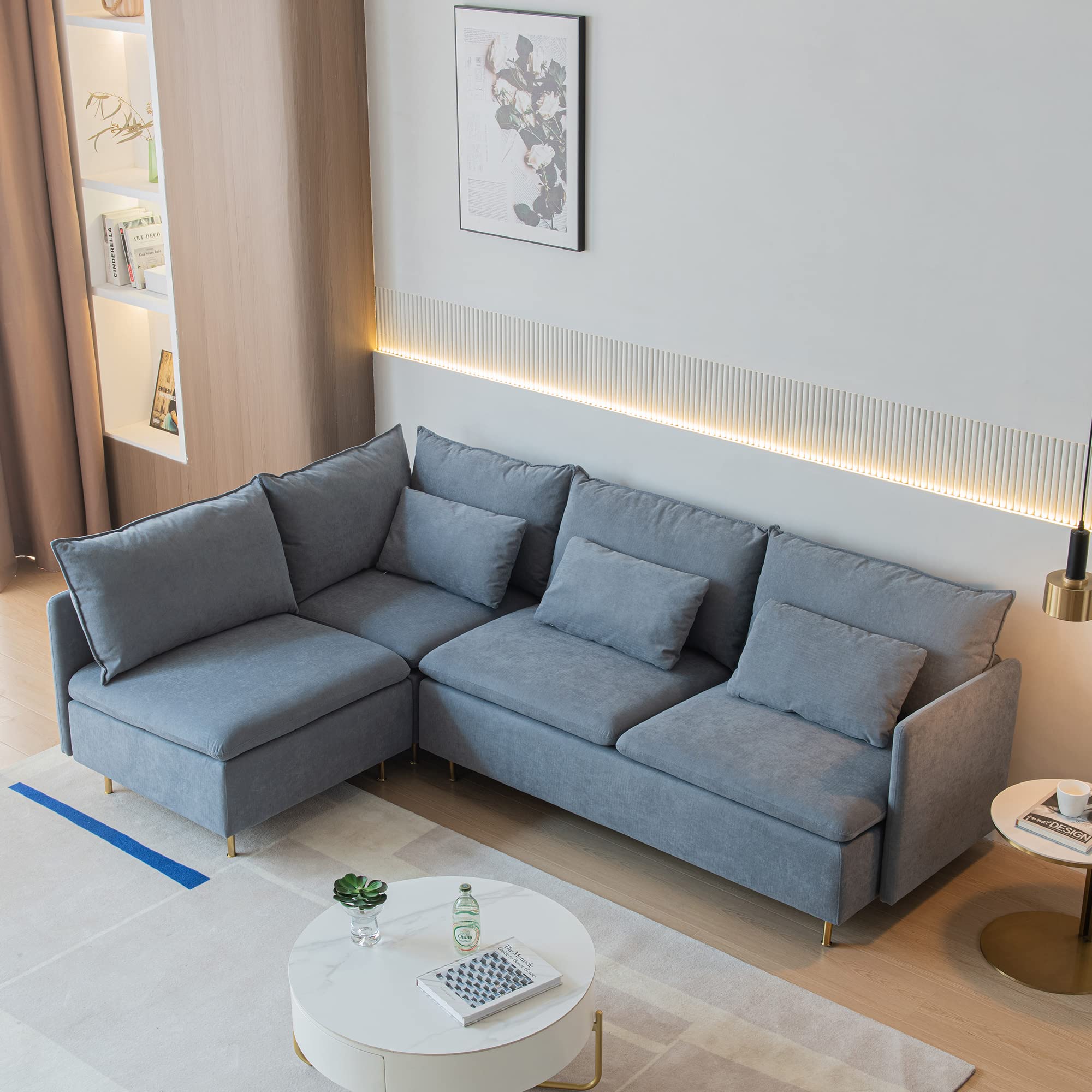 (incomplete and used)Modular L-Shaped Corner Sofa with Movable Chaise, Versatile Armless Chair and 3-Seater Combination, Modern Indoor Cotton-Linen Fabric Set with Golden Legs for Living Room, Office, and Hotel (Grey)