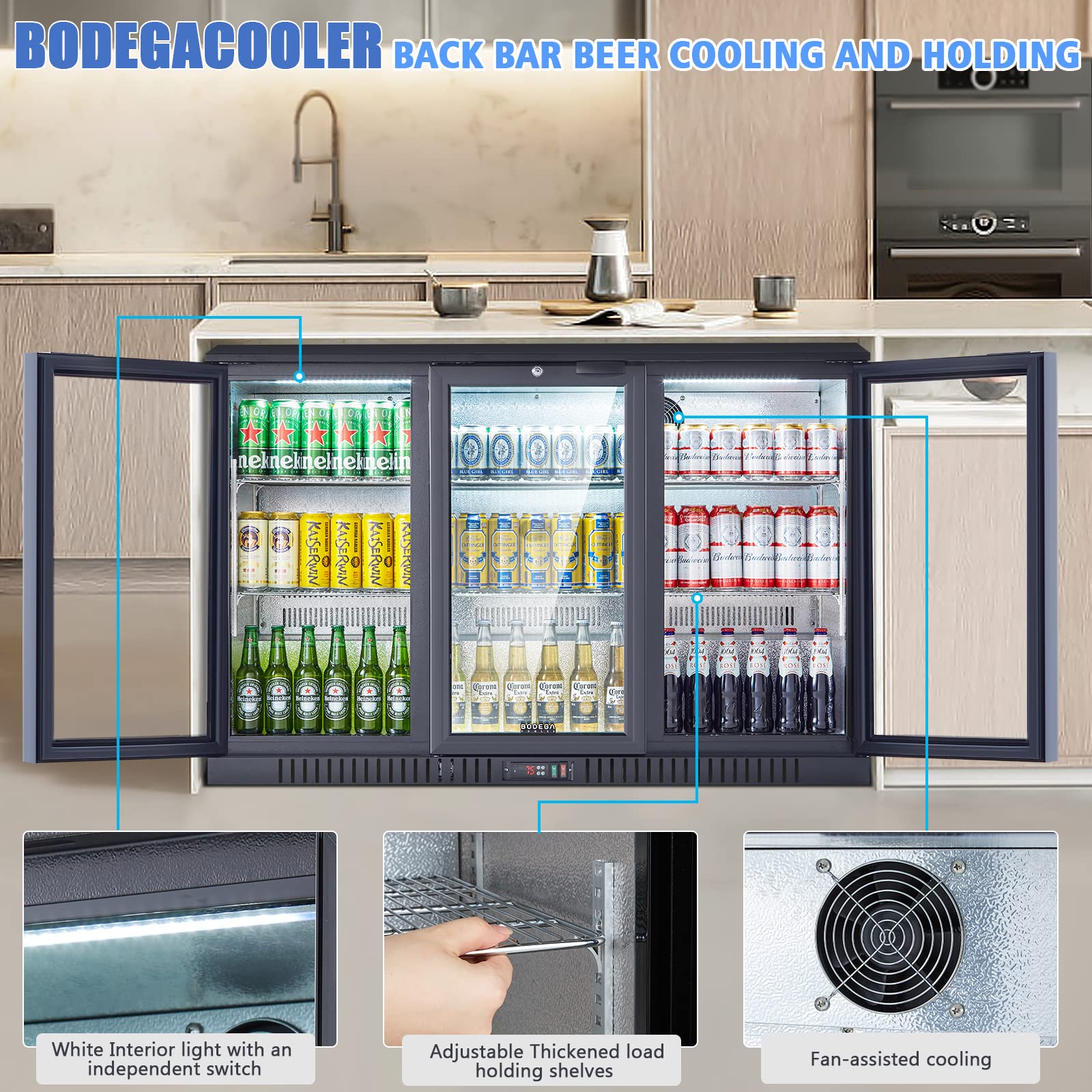 BODEGA BODEGACOOLER Commercial Bar Cooler With 3 Glass Doors,11.4 Cu.Ft Under Counter Beverage Refrigerator,Back Bar Refrigerator,Commercial Display Drink Fridge,LED Lighting Beer Wine Soda Drinks on Fridge.com