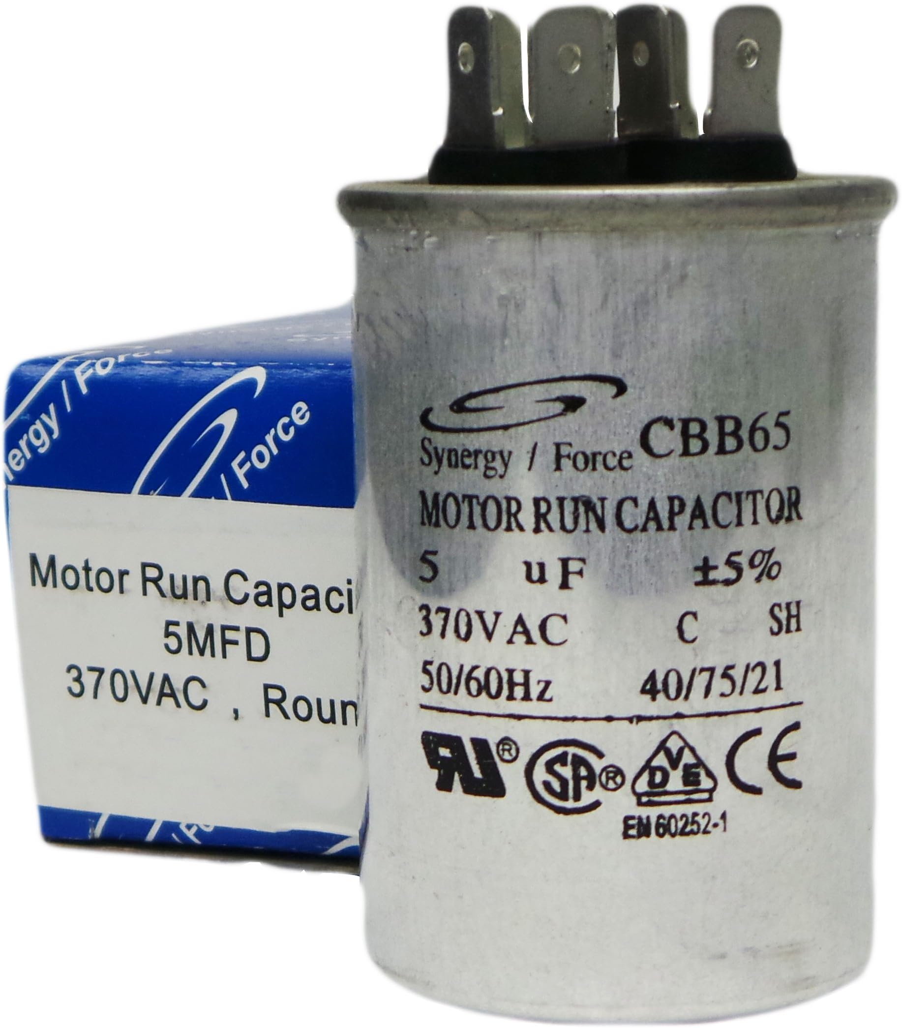 CBB65 Motor Run Capacitor, 5+5 uF +5%, 370VAC, C, SH, 50/60Hz, 40/75/21, RU CSA VDE CE Certified