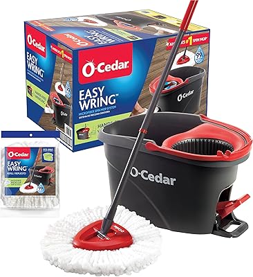 O-Cedar Easywring Microfiber Spin Mop & Bucket Floor Cleaning System with 1 Extra Refill,Red  Gray