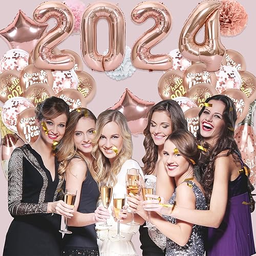 Miniatura 2 de Decoraciones de Año Nuevo 2024, globos de Año Nuevo de oro rosa 2024, globos de confeti de oro rosa, globos de aluminio, pompones de papel y