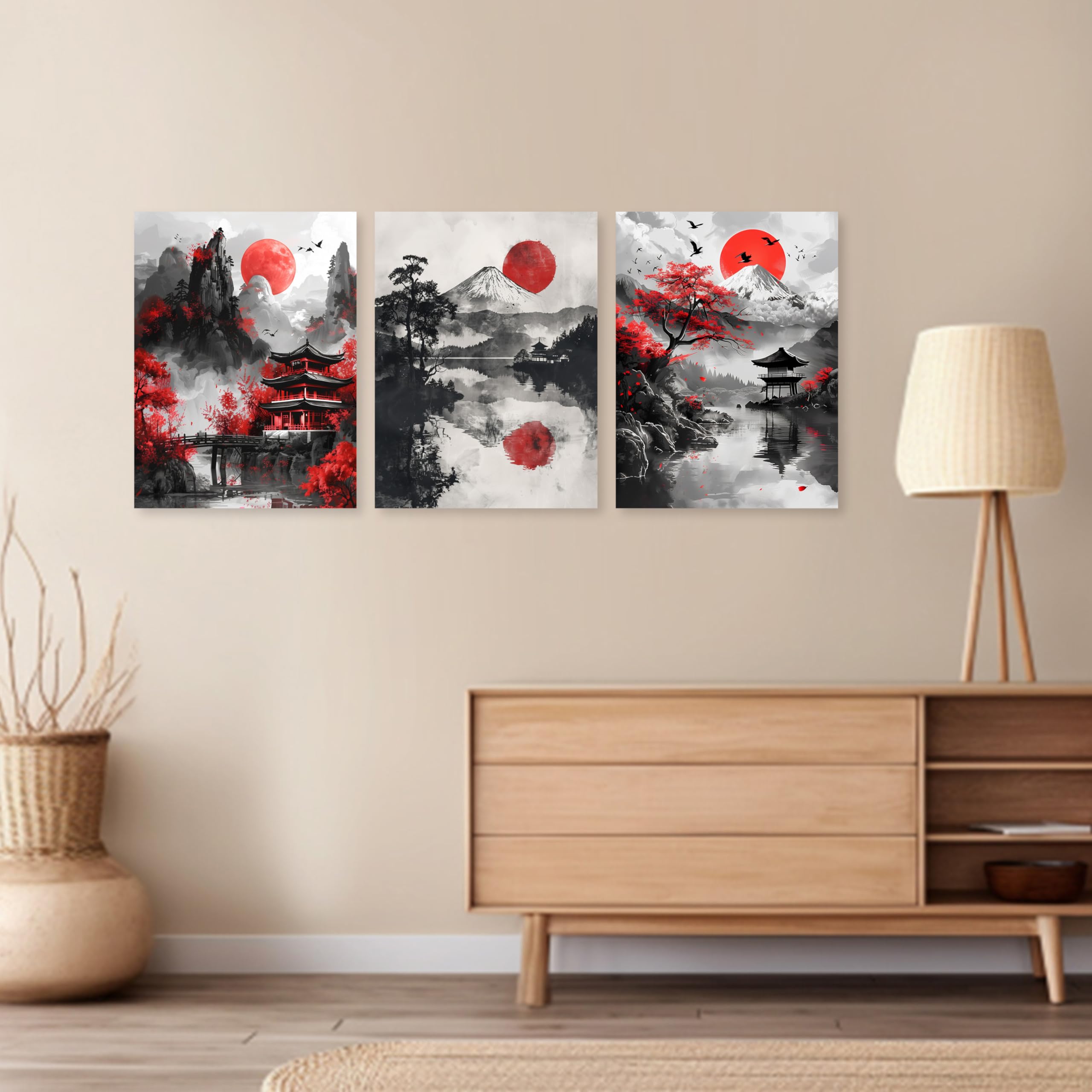 ARTZGX 3 Piece Japanese Wall Art Japanese Landscape Canvas Red and