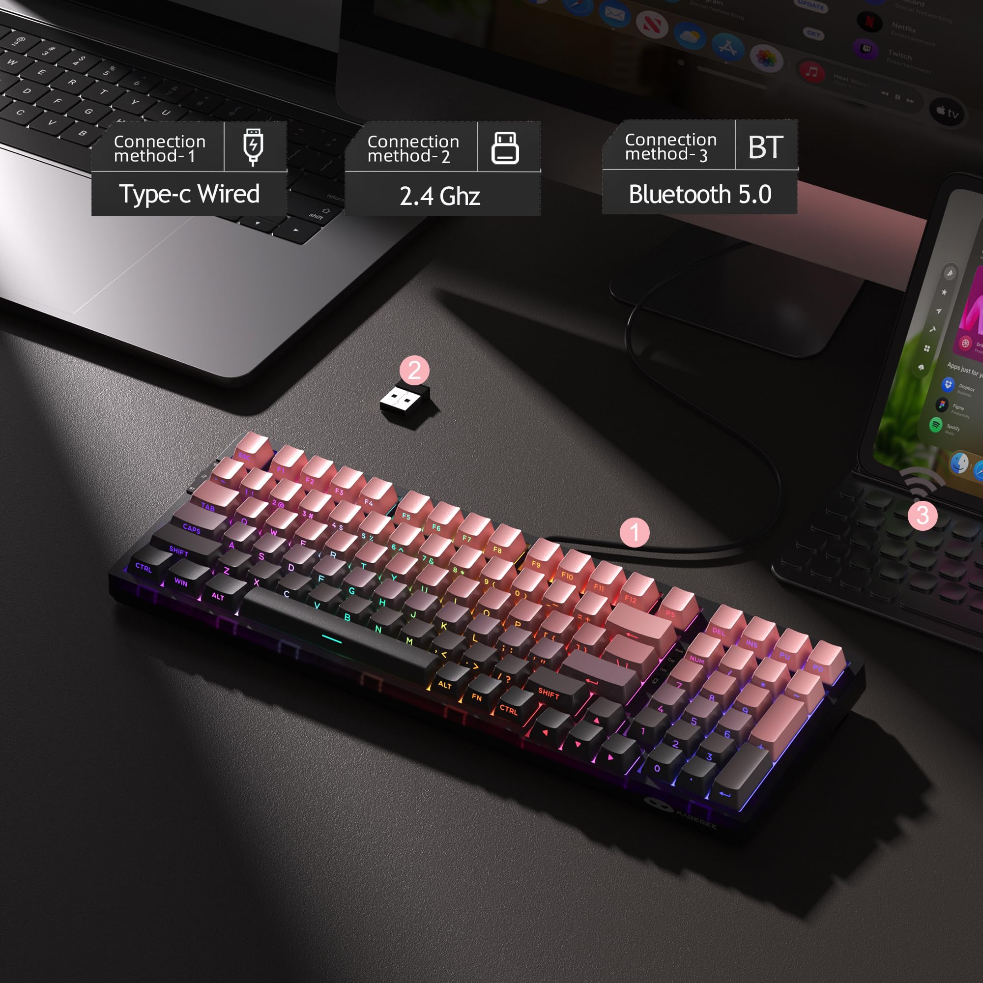 MageGee Clavier Gamer Mécanique | Clavier sans Fil Gamer Mécanique pour PC, PS5 | Structure Gasket, 2.4G/USB-C/BT5.0, Rétroéclairage RGB, Keycaps PBT à Impression Latérale