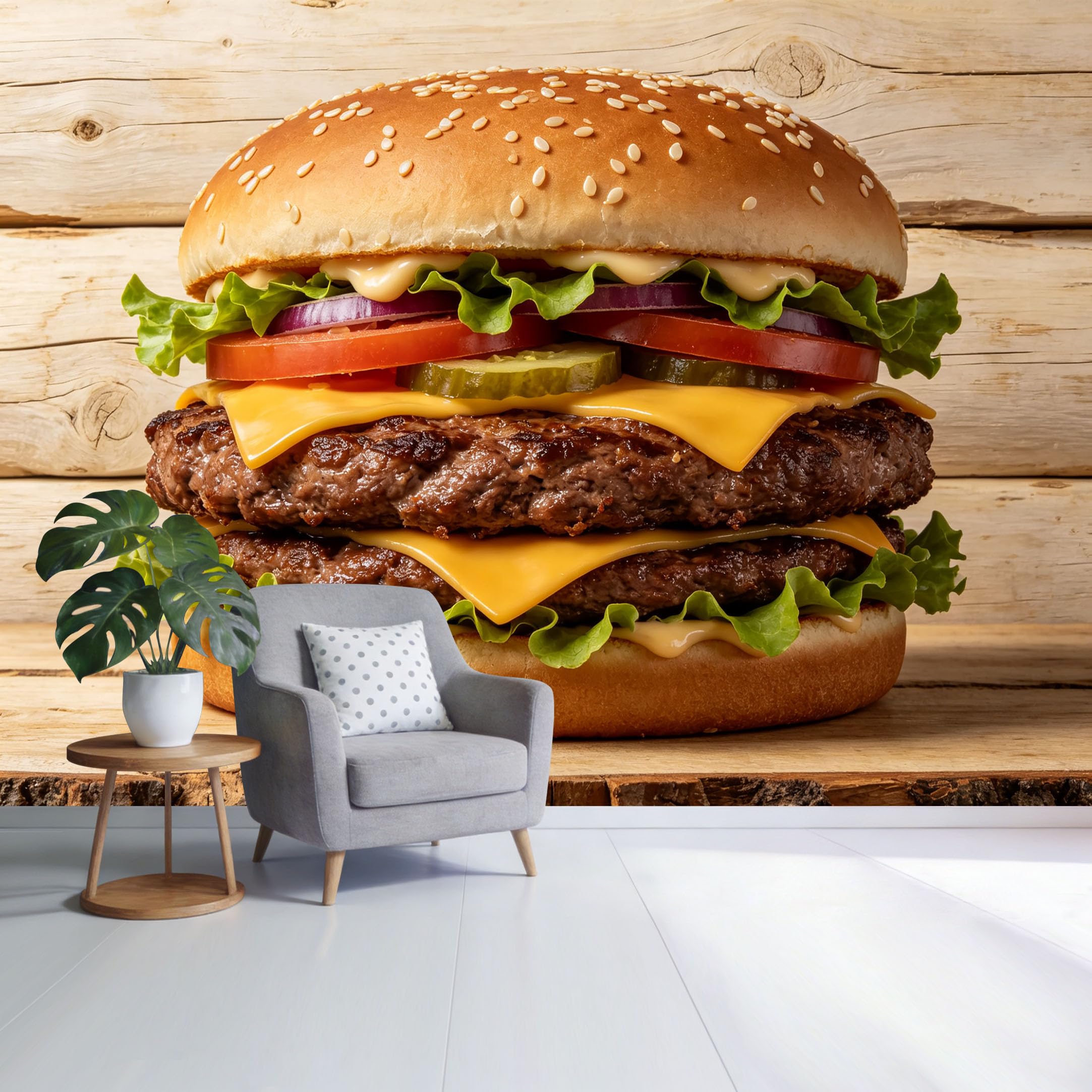 Custom Size Wall Mural Double Cheeseburger with Lettuce Tomato Pickles and Onion Rustic Food Photography SelfAdhesive Wall Fabric Removable Wallpaper for Home Office Decor