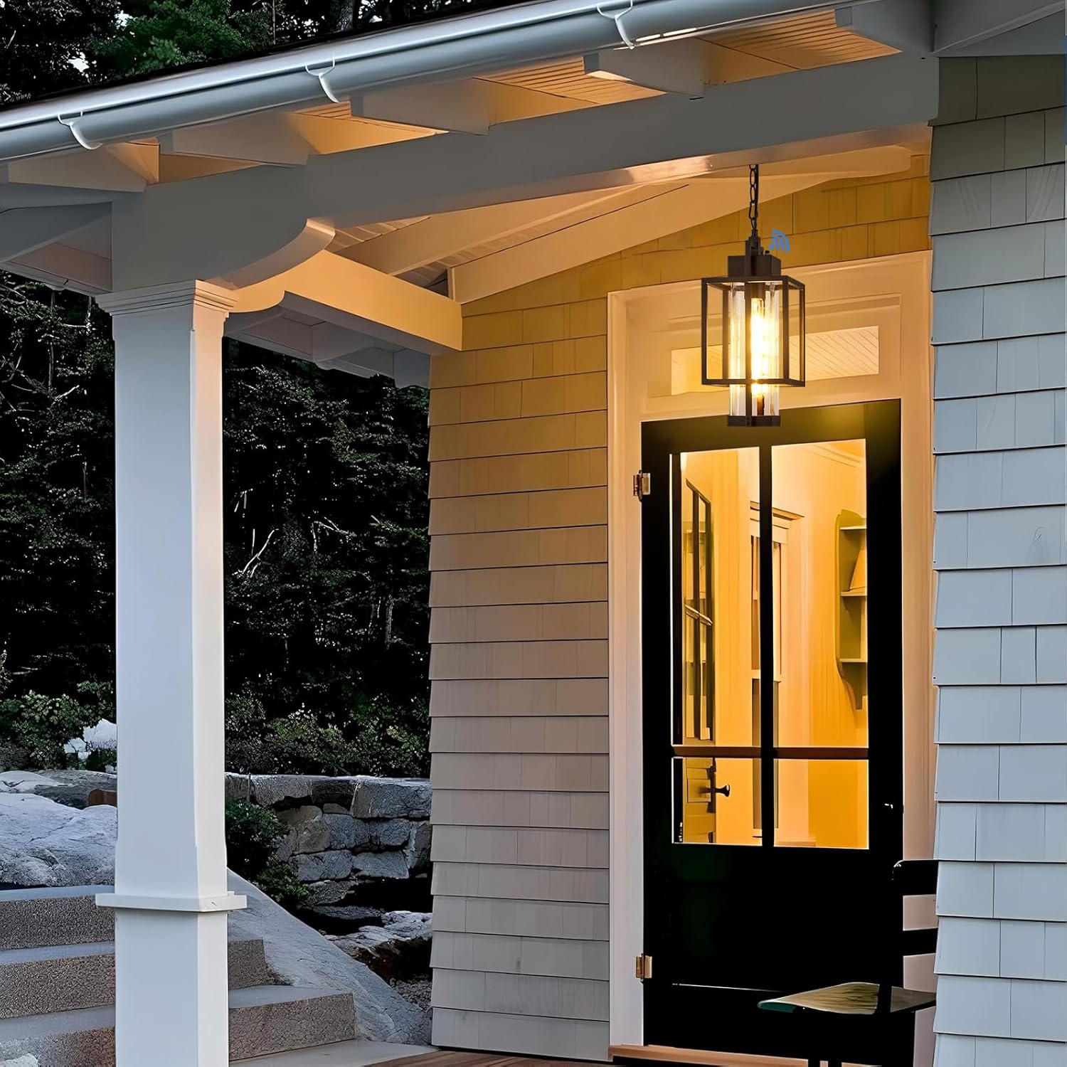 Outdoor Pendant Light, 16" Dusk to Dawn Exterior Chandelier Porch Hanging Light with Clear Glass, Modern Black Outdoor Hanging Lantern for Porchs Gazebo, OS-KY1006 Black 6.5" W-Clear Glass